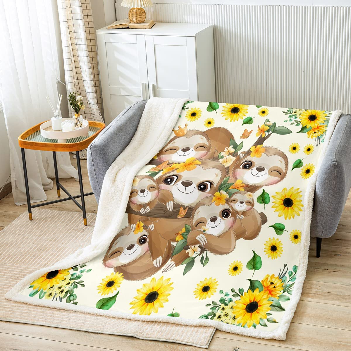 Loussiesd Coperta in pile con motivo a buffet, con motivo a bradipo e girasole e bradipo con animali Kawaii, coperta in peluche per letto, divano, bambini, adolescenti, botanica, 200 x 200 cm