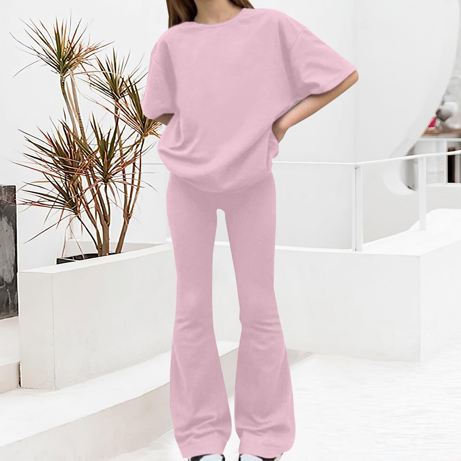 Jogginganzug Mädchen Kurzarm T-Shirt und Bootcut Jogginghose Girls Teilig Einfarbig Casual Sportanzug Baumwolle Trainingsanzug Teenager Tracksuit Activewear Outfit