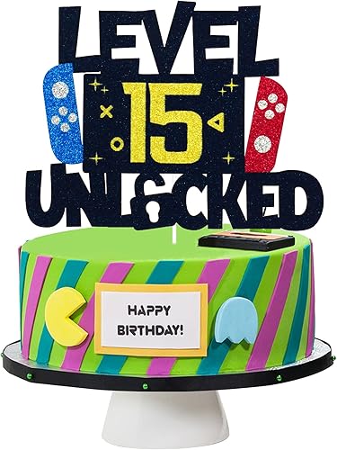 Decoración para pastel de videojuegos desbloqueada de nivel 15  Nivel 15 desbloqueado impresionante 2007 decoración de pastel de cumpleaños para