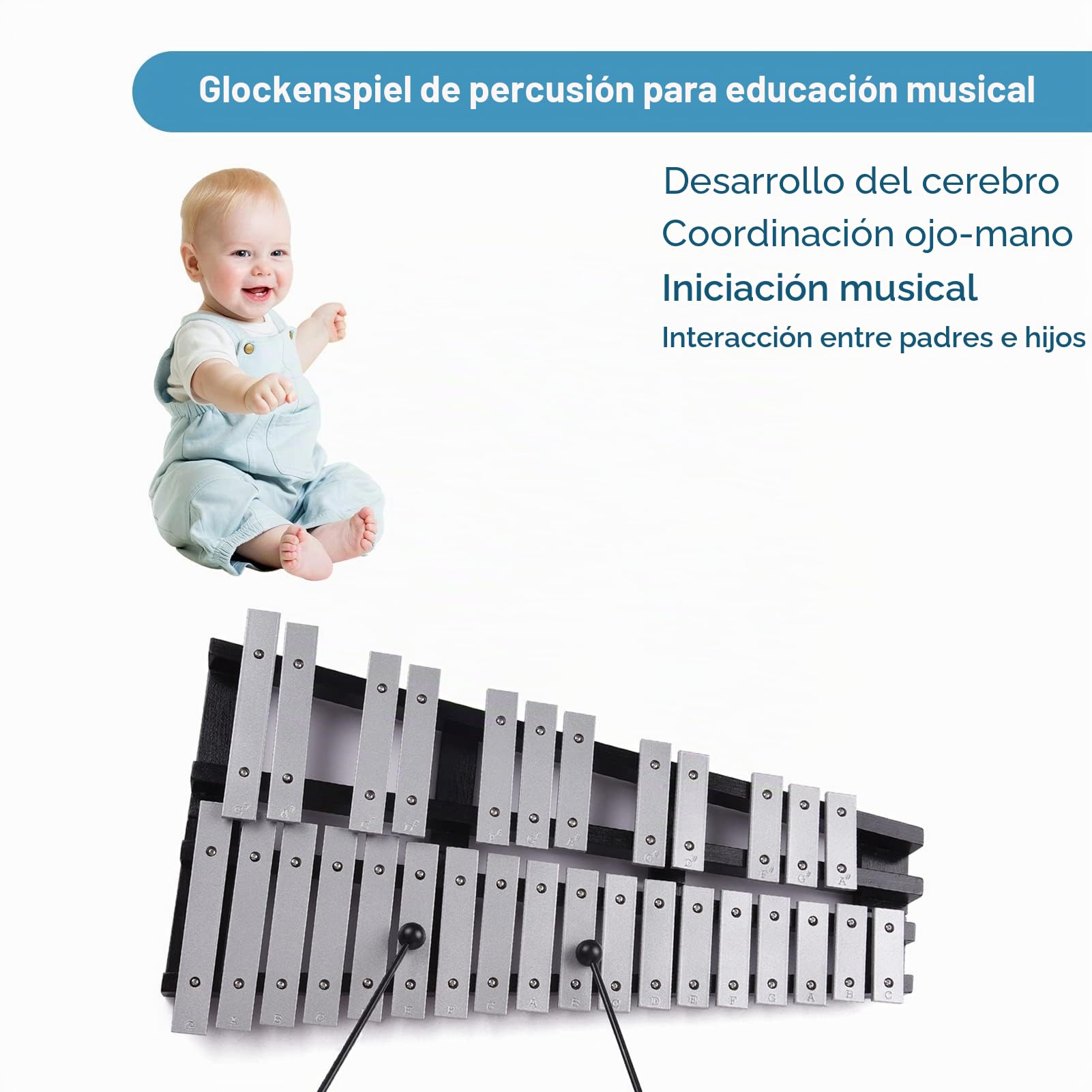 Sasuori Xilófono Glockenspiel de 30 notas con marco de madera y barras de aluminio, instrumento musical de percusión educativo, regalo con bolsa de transporte