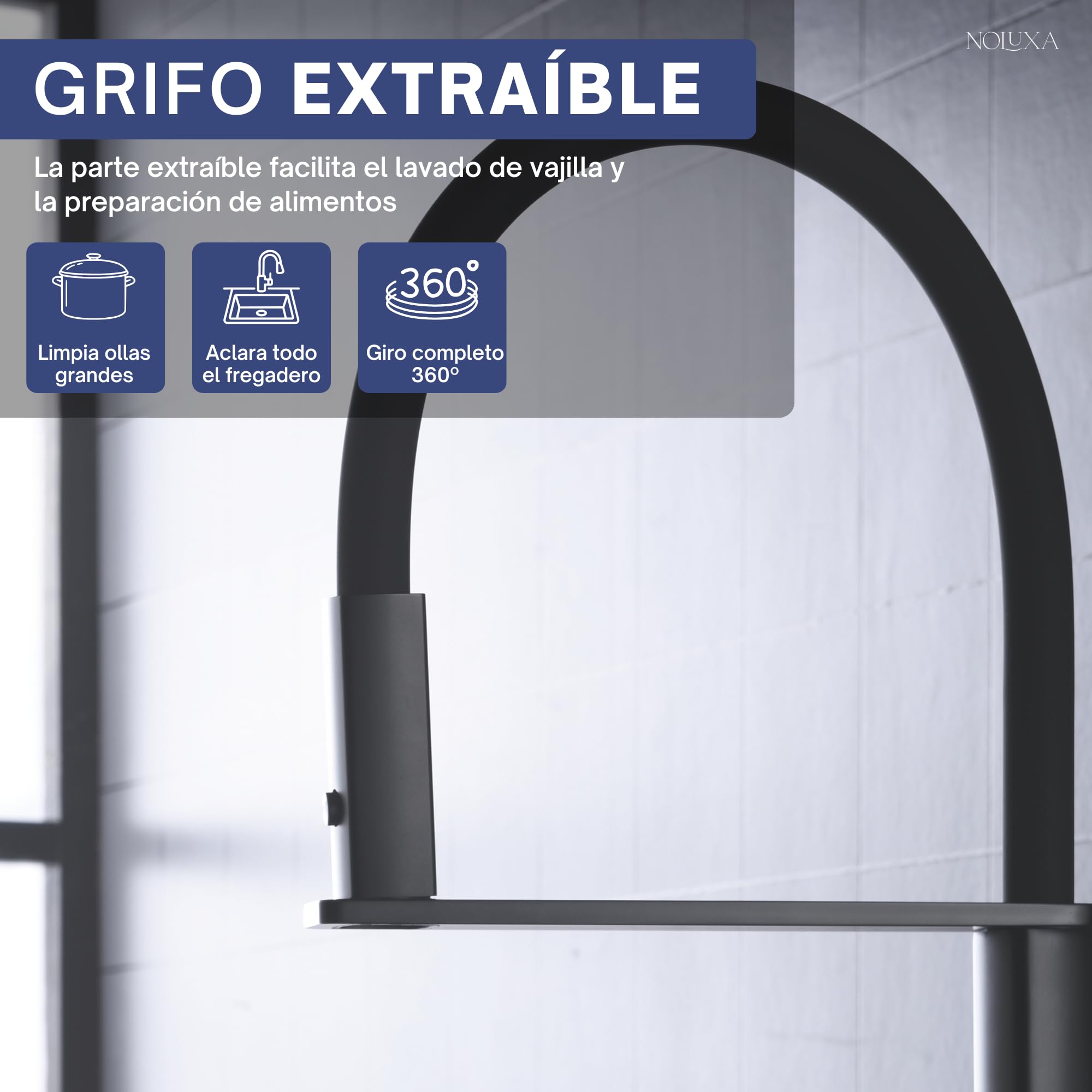 IMEX - Grifo Cocina Extraíble Negro Mate | Grifo Monomando Fregadero con Difusor | Griferia Cocina con Ducha Flexible 360º | Grifería en Latón | Serie Menorca