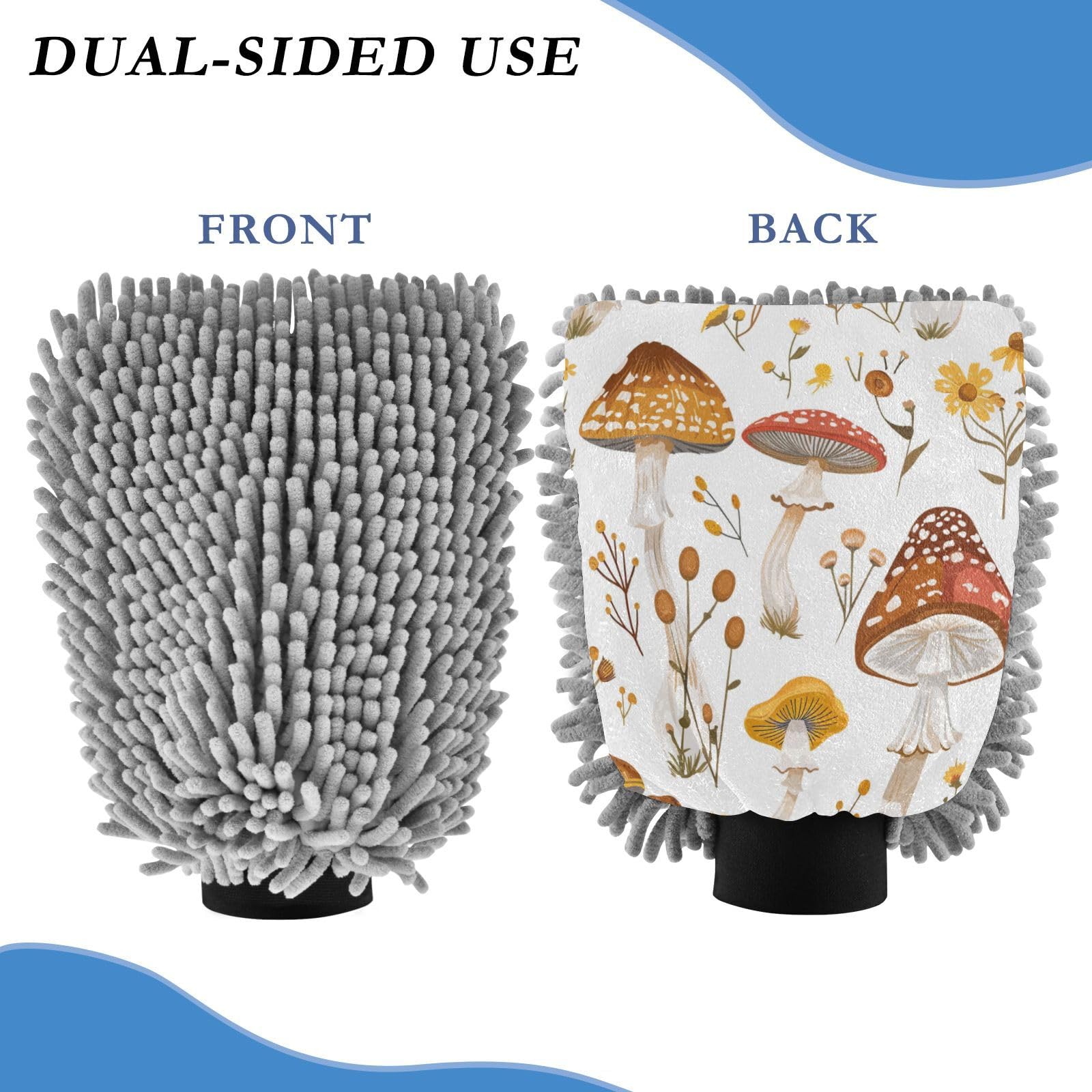 ALAZA Mushroom Flower Car Wash Mitt Scratch Free, 2 Pack Absorbent Microfiber/Chenille Washing & Drying Mitts, M