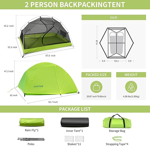 Miniatura 2 de CANTUO Tienda de campaña para 2 personas, tienda de campaña de 3 estaciones, ultraligera, impermeable, resistente al viento, fácil de configurar