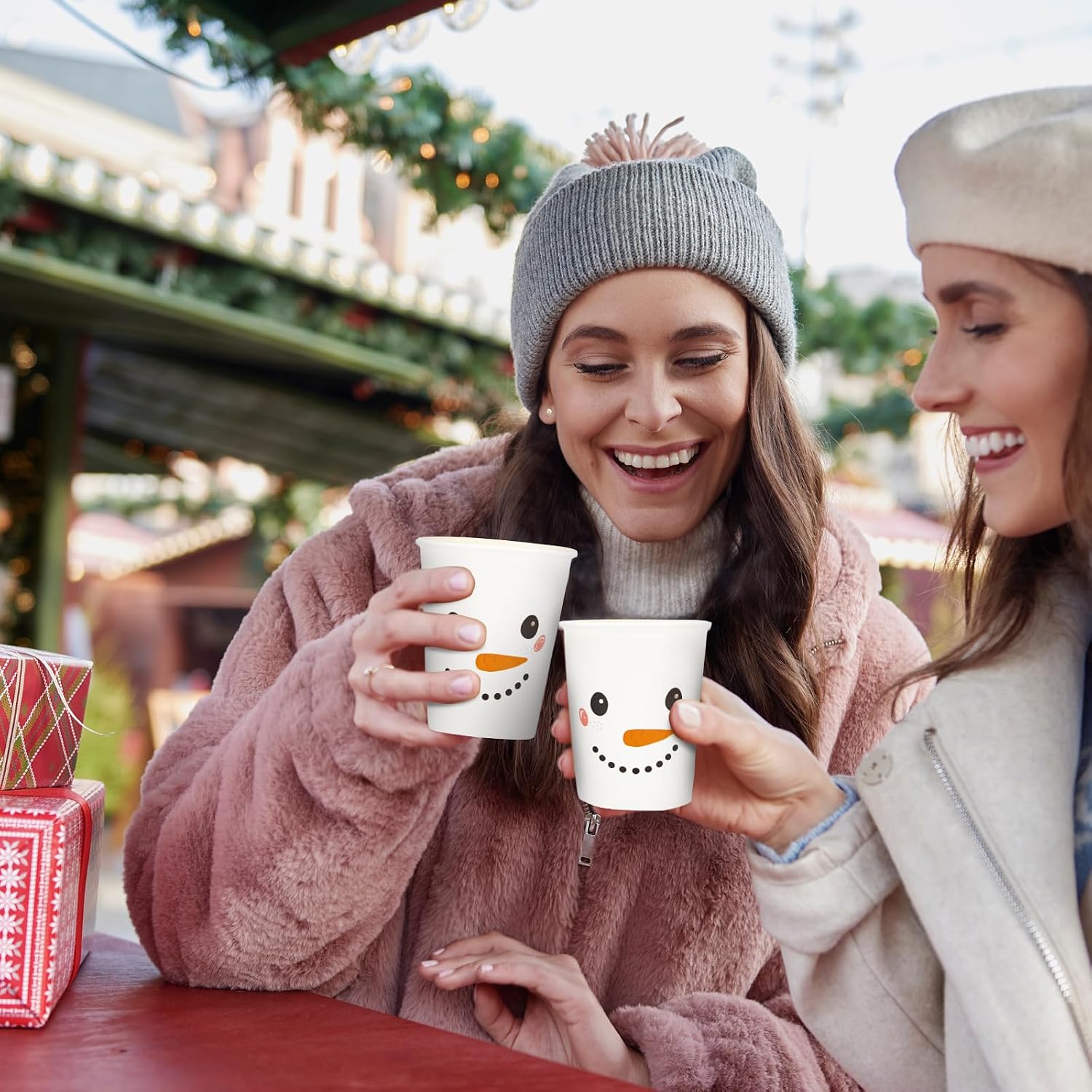Whaline Winter Snowman Paper Cups 9 Oz White Snow Man Disposable Hot Chocolate Cups Holiday Snowman Coffee Drinking Cups for Hot Cold Beverage Drink Juice Cocoa Winter Party Supplies, 50Pcs