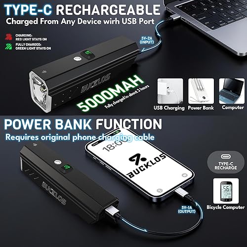 Miniatura 5 de BUCKLOS Luces de bicicleta ultra brillantes de 100015002000 lúmenes para conducción nocturna, faros de bicicleta con atenuación automática LED