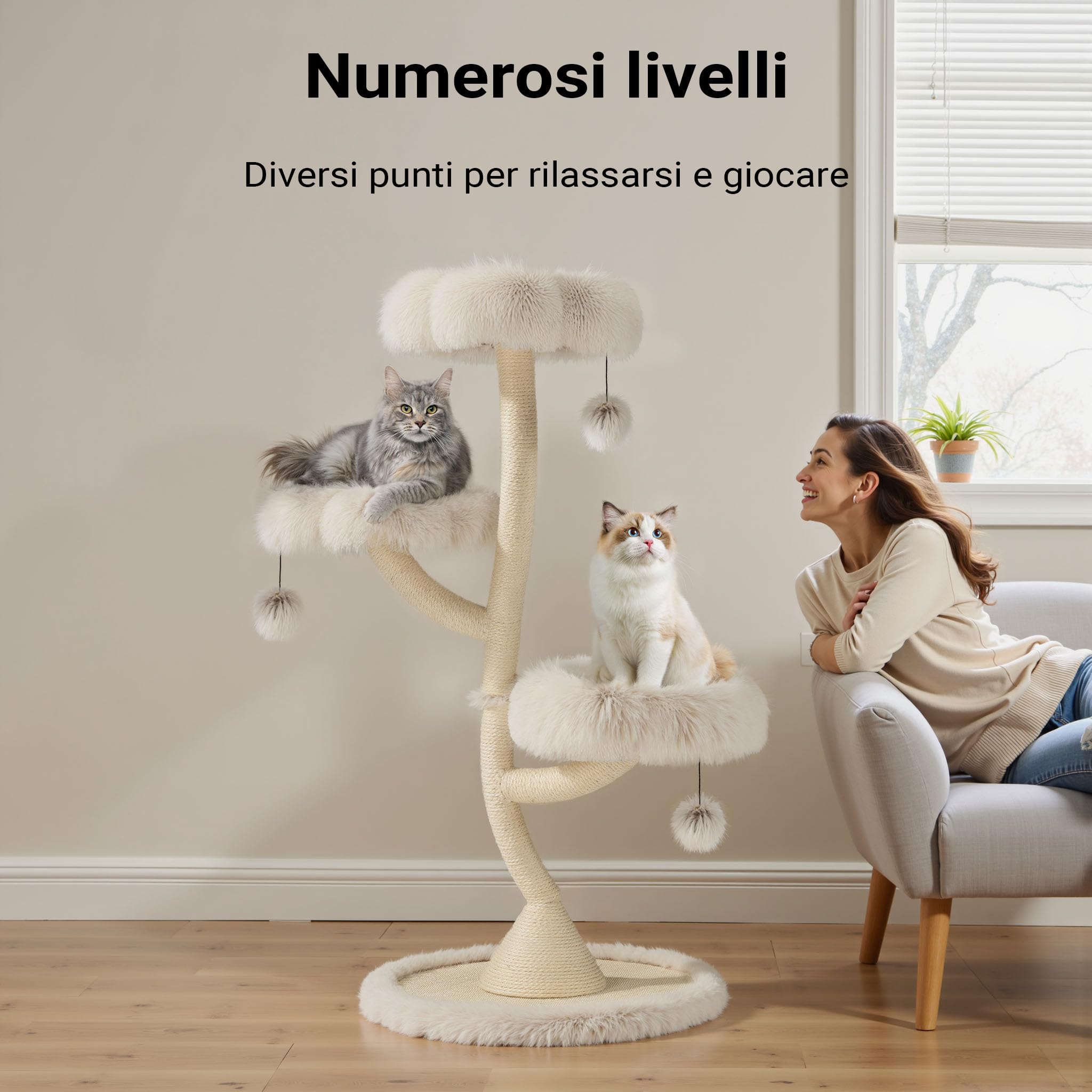 Fudajo Albero tiragraffi per gatti di design con 3 piattaforme, Ø 59 cm, altezza 125 cm, portata max. 15 kg, beige con sisal e peluche, colonna con 3 livelli