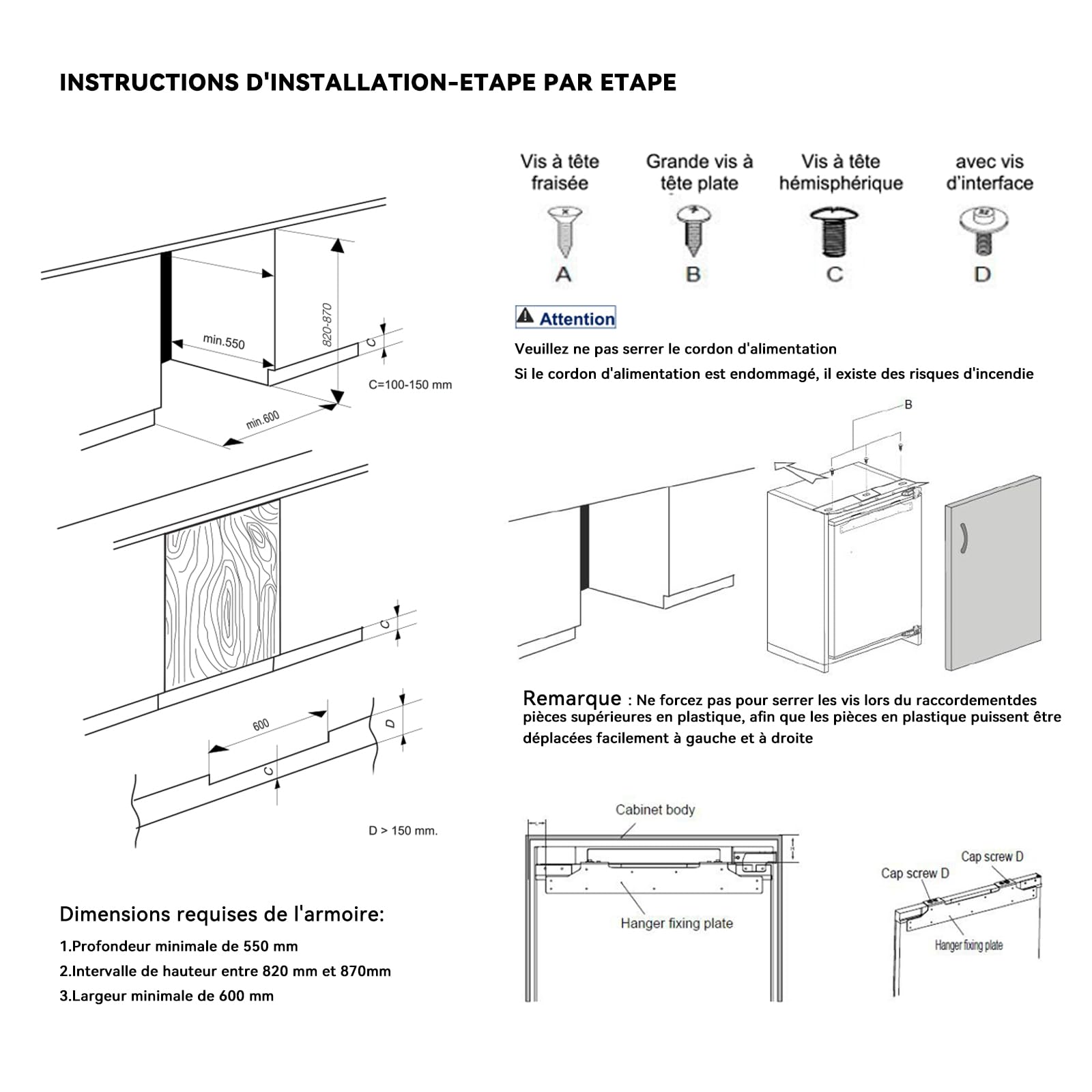 Frigo congelateur encastrable 82 cm sous plan de travail réfrigérateur | Refrigerateur congélateur | 96 L (84 L/12 L), 59 cm largeur | avec charnières de porte réversibles | Réglage température