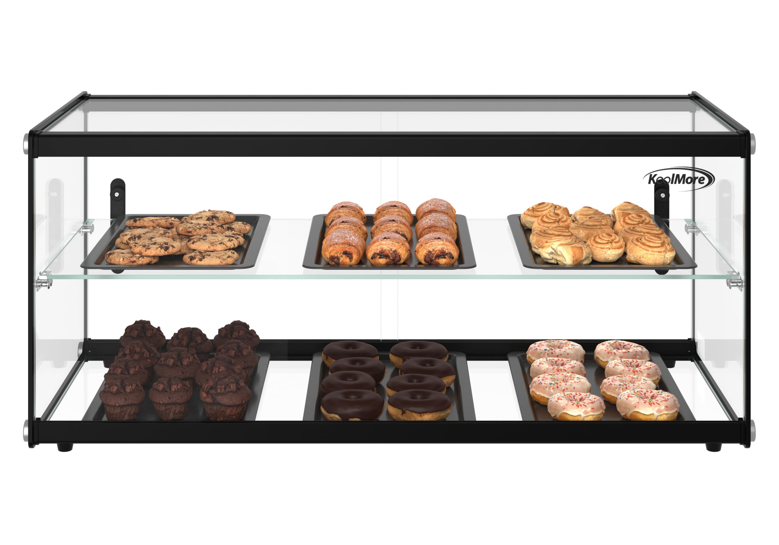 KoolMore Vitrina de repostería de 2 Niveles de 33 Pulgadas con Estante de Vidrio y Puerta corredera, Capacidad de 3.2 pies cúbicos, certificación ETL (KM-DC-3CSBK)