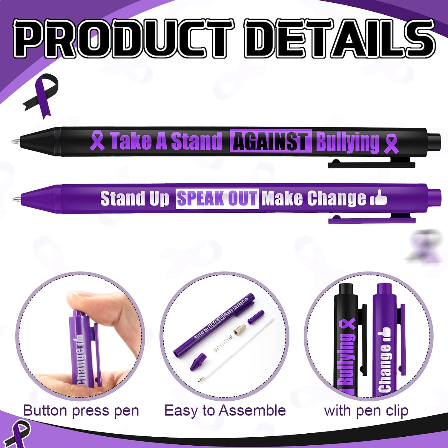 Cholemy 50 Pcs Domestic Violence Awareness Item Bulk Purple Ribbon Ballpoint Pens Bulk Black Ink Retractable for Stop Domestic Violence Event Party Favors Activity Supplies