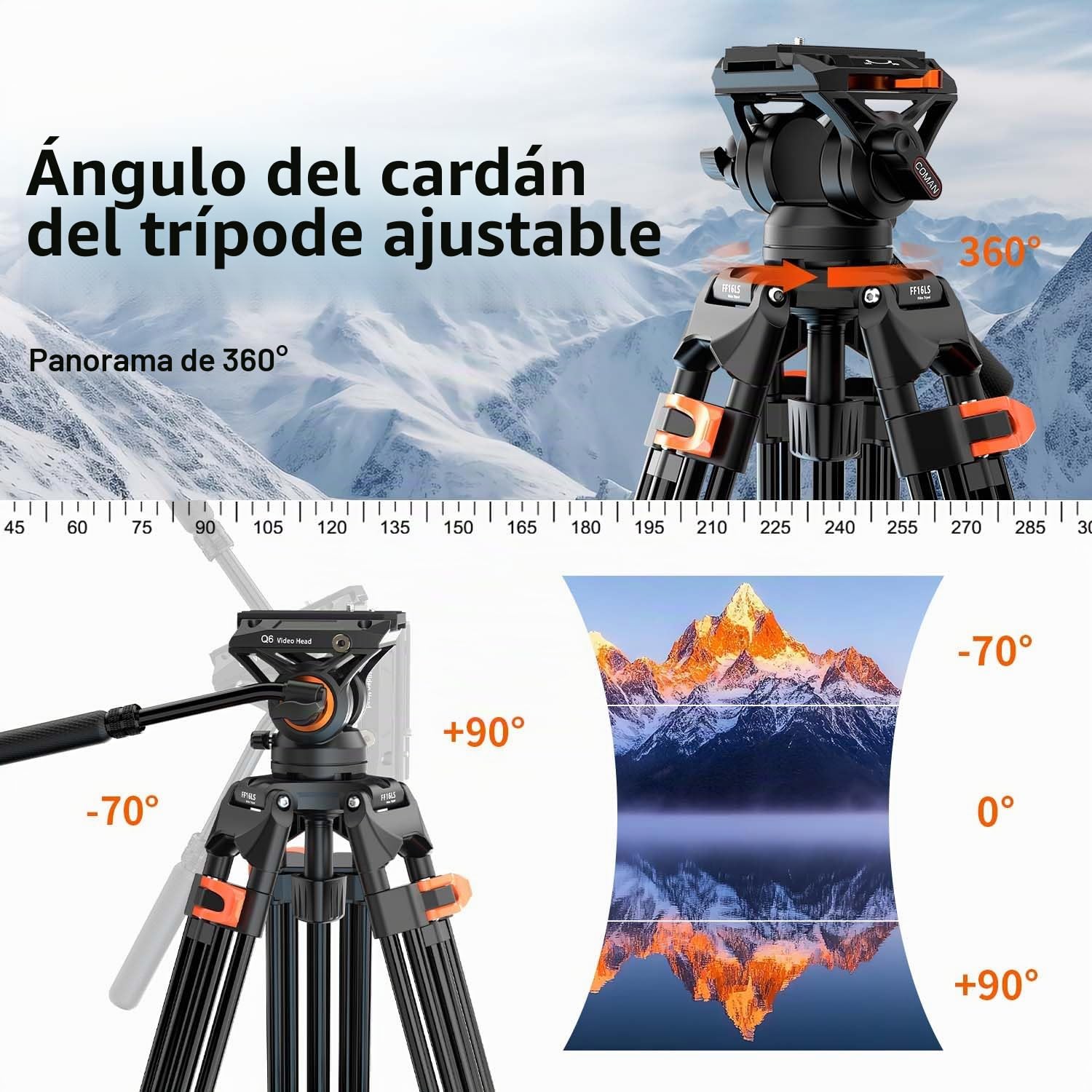 COMAN Trípode de cámara de 186cm Aluminio con cámara Tripod 360° Flexible Giro & +90°/-70° Inclinación, Trípode de vídeo Compatible con Cabezas dji RS, MAX Load 10 kg