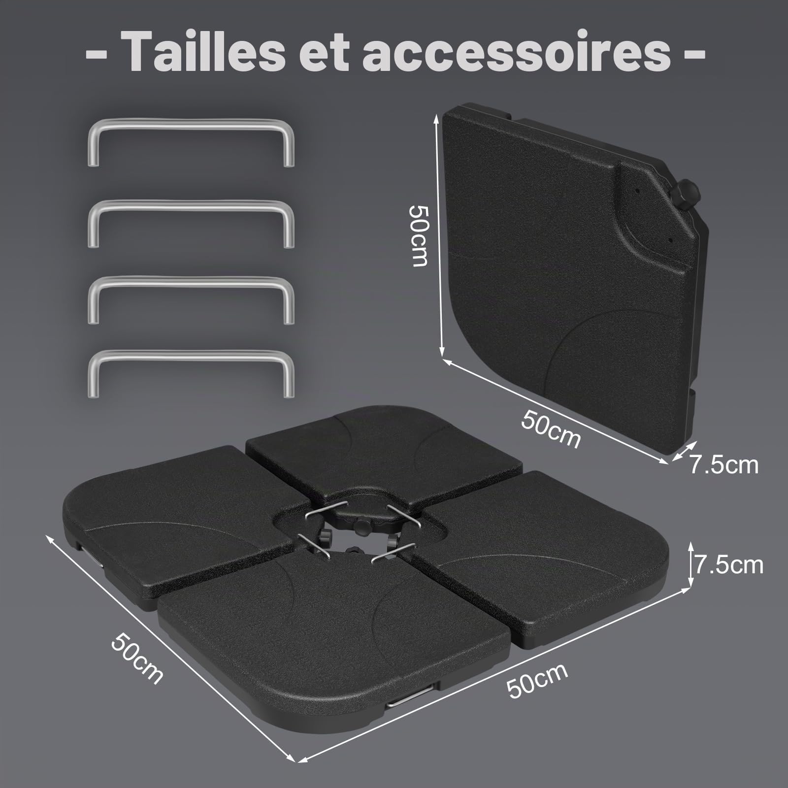 WOLTU Pied de Parasol 4 Pièces, Poids pour Parasol Croix de Sol, 60 L/80 kg, à Remplir d'eau ou de Sable, avec Connecteurs Métalliques, en Plastique, Carré, Noir