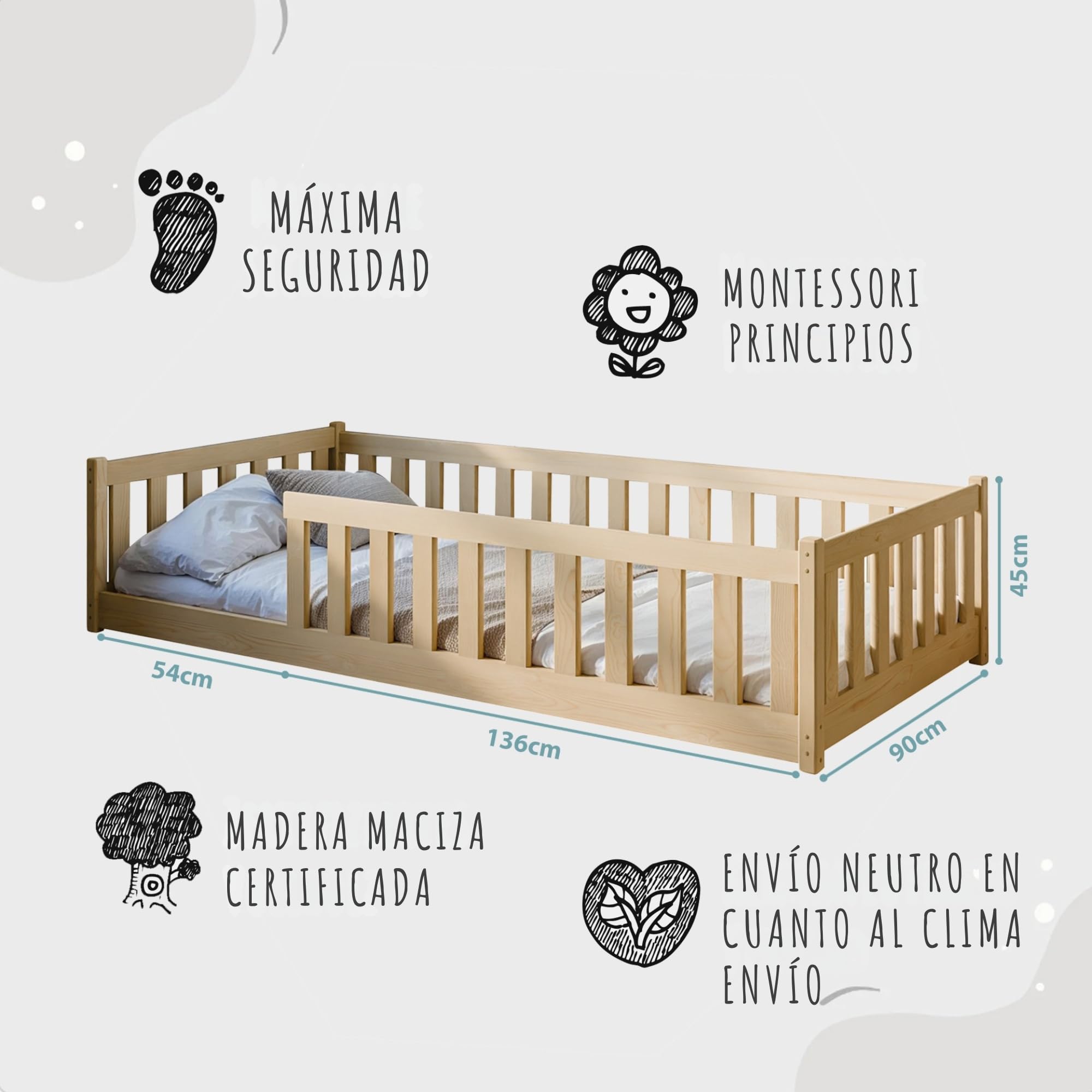 Kids Collective Cama Infantil de Suelo de 90x190 cm con protección anticaídas y somier, Cama Montessori, Cuna Infantil, Cama Juvenil, Cama Individual | Natural