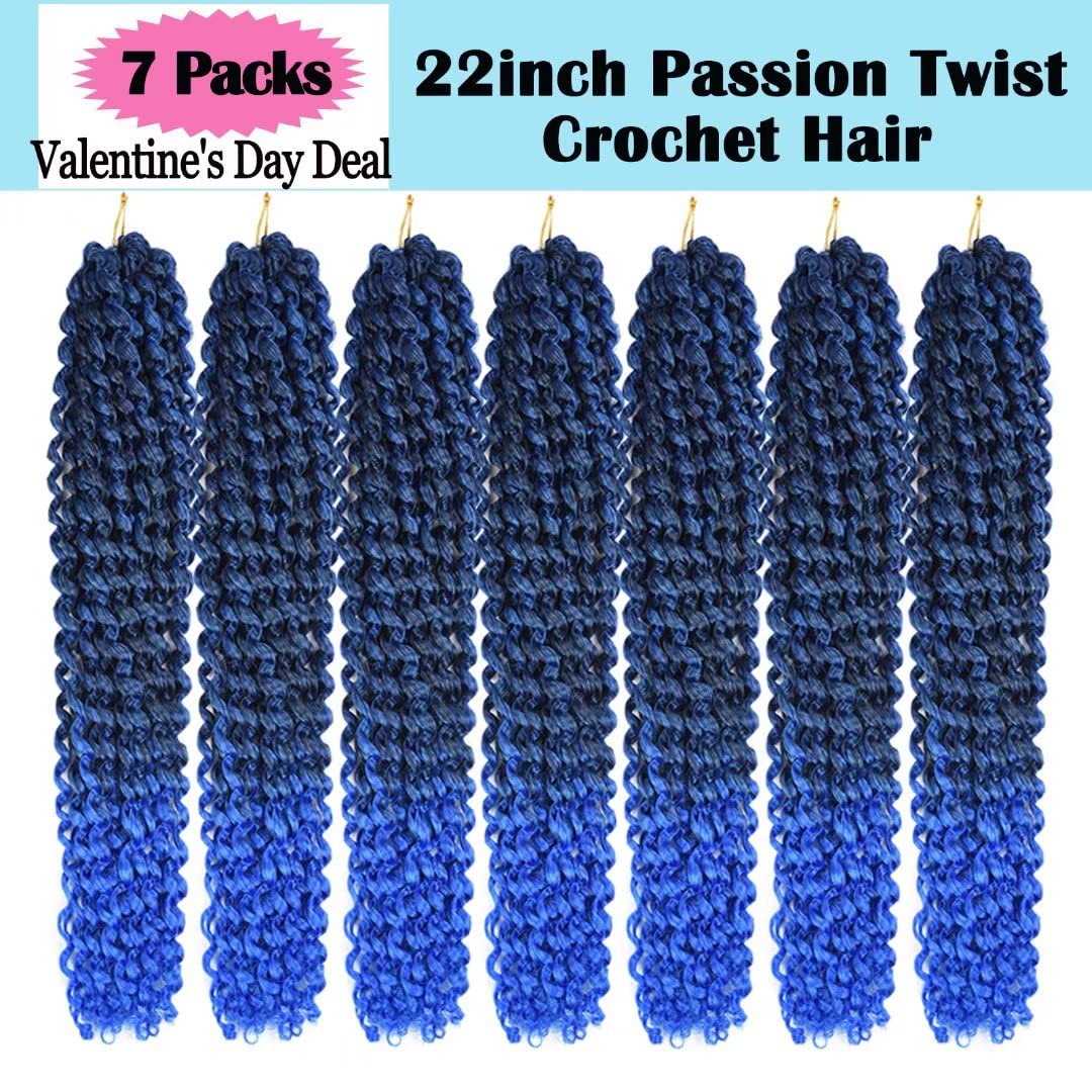 22inch Blue Water Wave Crochet Hair for Butterfly Soft Locs 7 Packs Ombre Blue Passion Twists Hair Synthetic Crochet Hair Long Bohemian Locs Braiding Hair Extensions (22" 7packs T1B/blue#)
