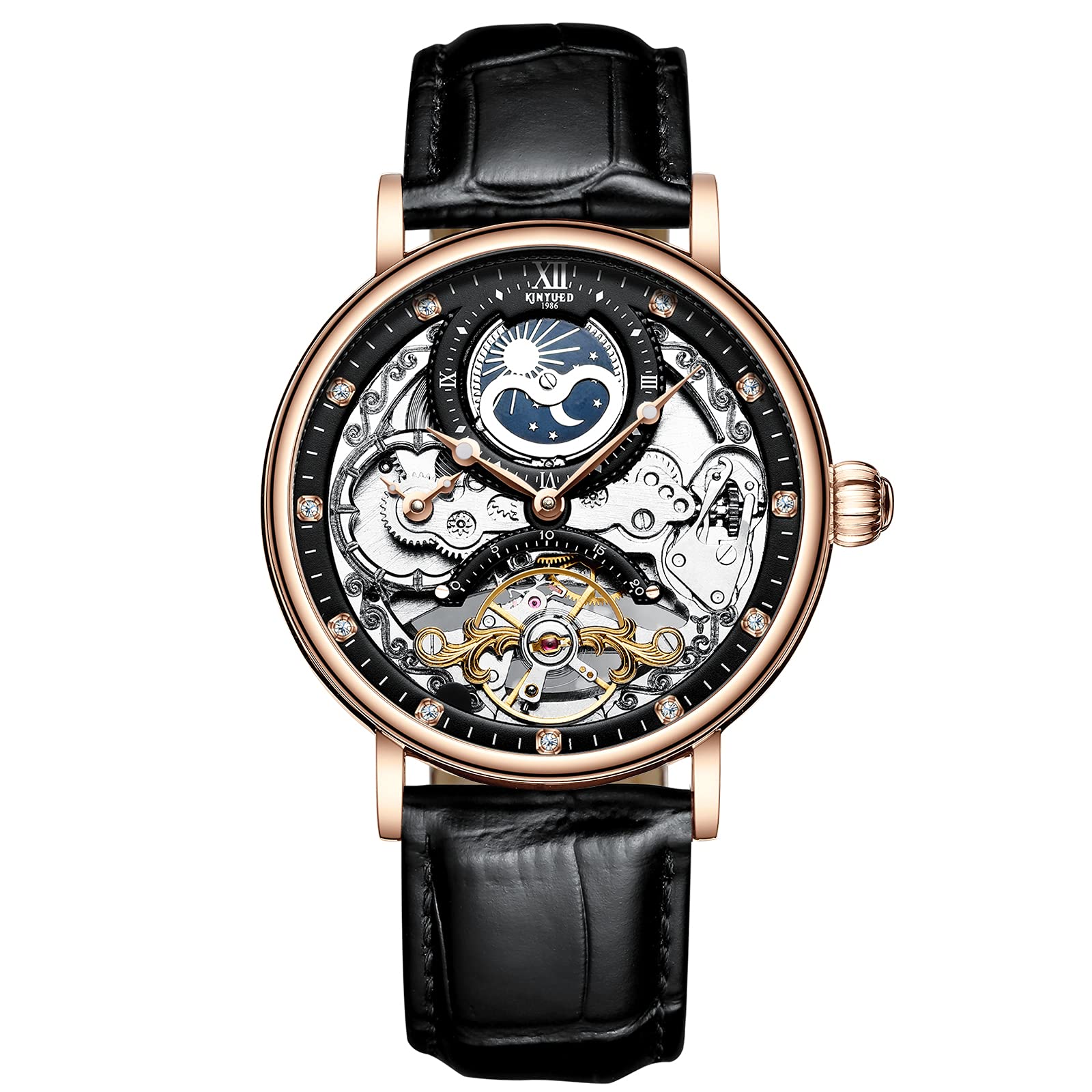RORIOS Hombre Reloj Impermeables Automáticos Mecánicos Relojes con Correa en Cuero Esqueleto De Fase Lunar Reloj Negocios Reloj para Hombre