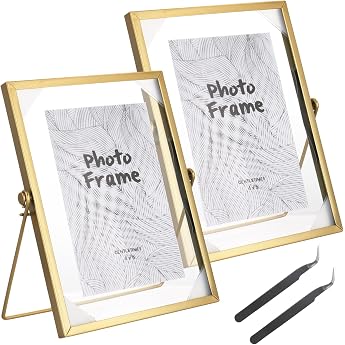 Pack of 2 Picture Frames Glass A5 Gold 15 x 21 cm Double-Sided Glass Picture Frame Metal Standing with Tweezers Glass Frame Home Office for Pressed Flowers Plant Sample Artwork Picture Display