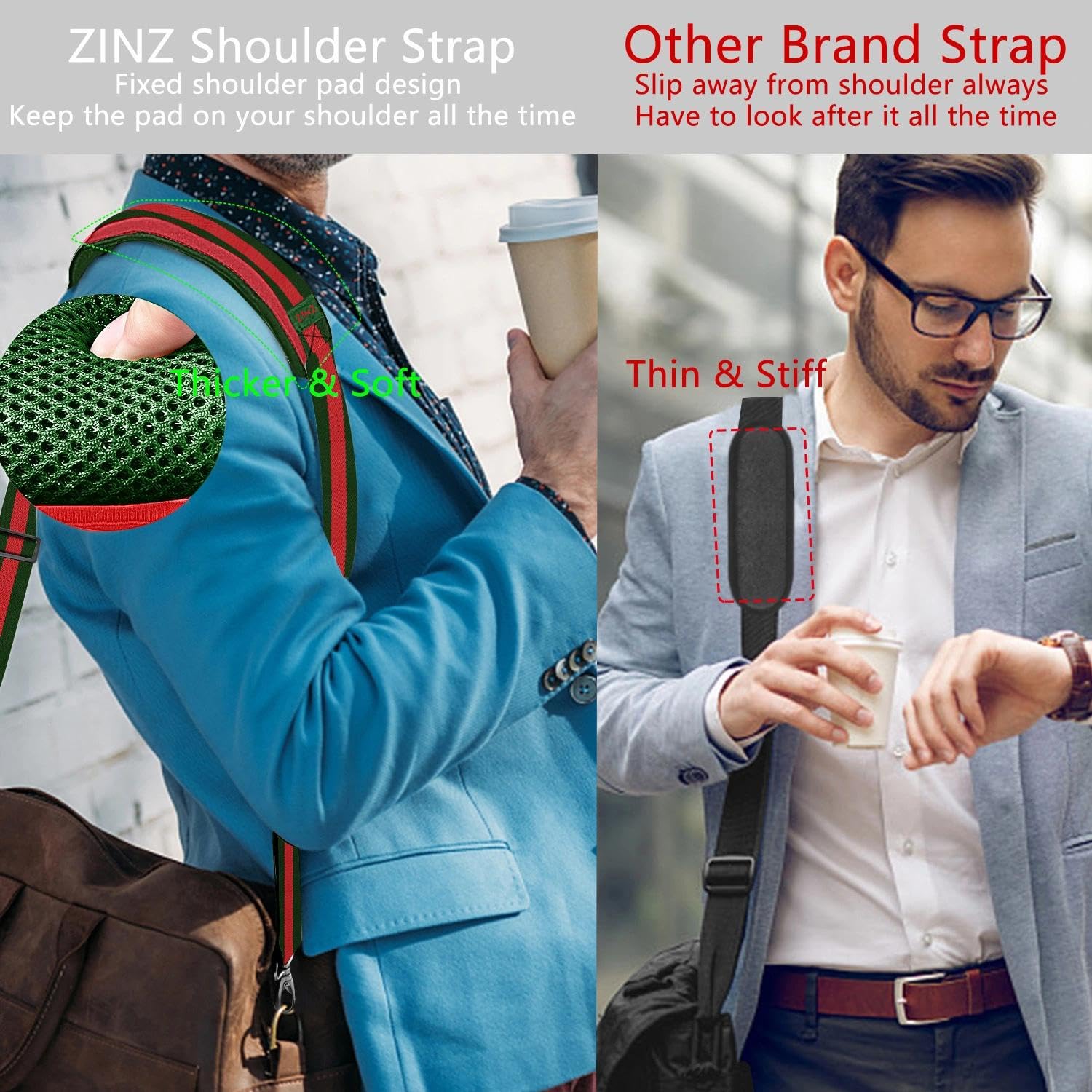 ZINZ 78" Tracolla Universale con Cuscino Ultra-Spesso, Fibie a Doppio Bilanciamento per Borsa da Viaggio/Laptop/Sportiva,Strisce-GrRdGr