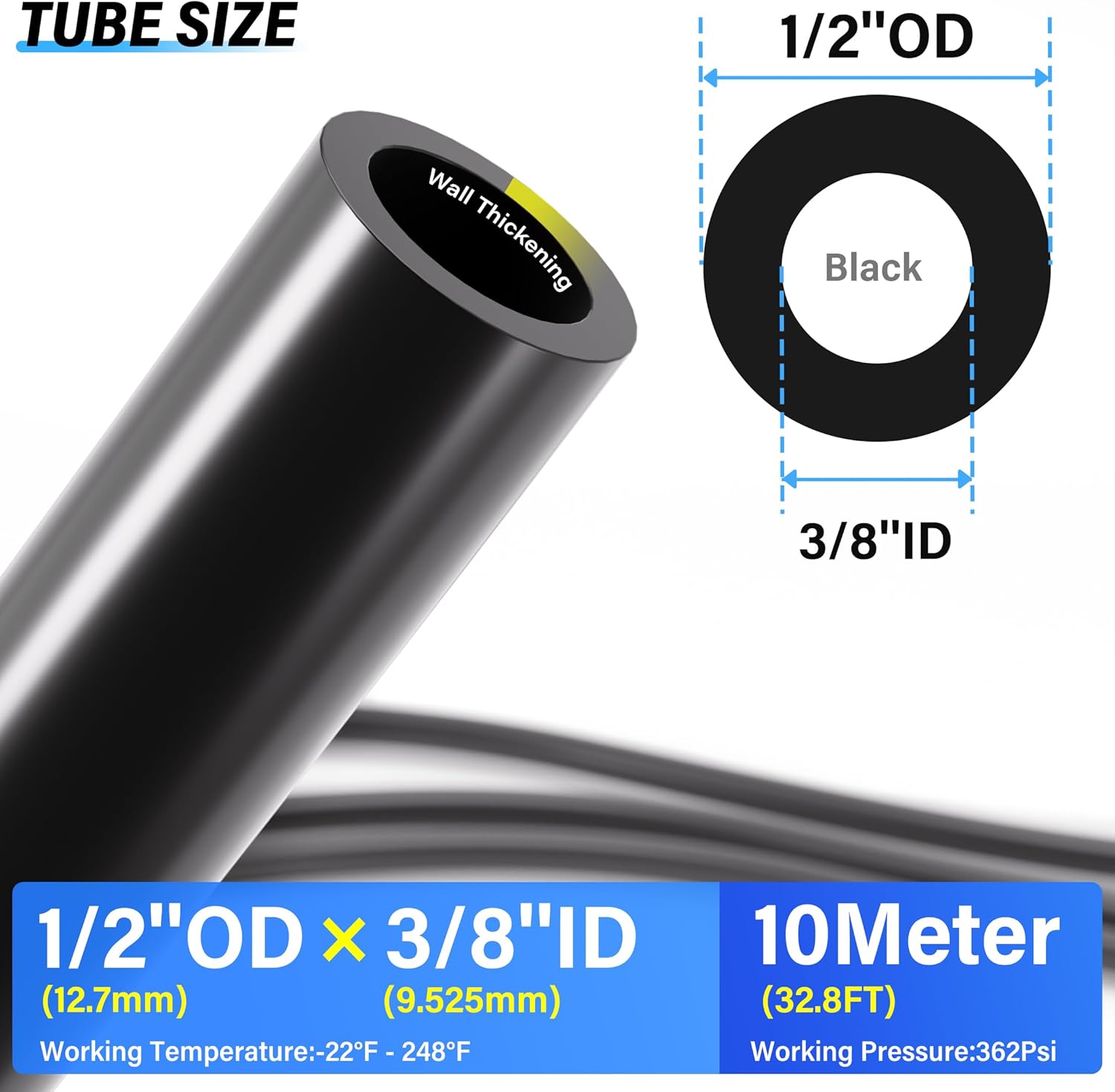 TAILONZ PNEUMATIC Air Line DOT 1/2 inch od Black Pneumatic Nylon Tube 32.8ft Air Brake Tubing Nylon Hose
