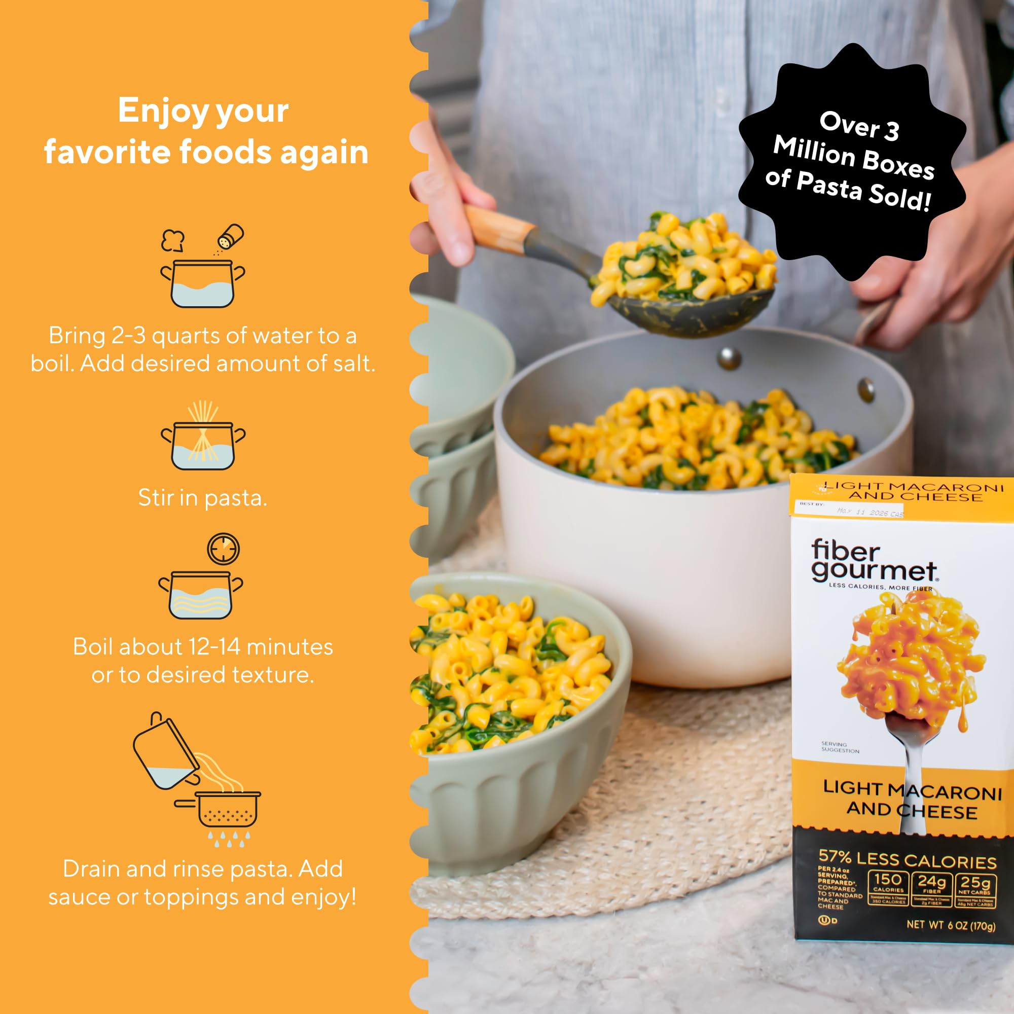 Fiber Gourmet Mac and Cheese - Low Carb Pasta with 24g Fiber, 150 Calories, Kosher Certified, Made in US with Natural Ingredients, No Artificial Colors or Flavors - 6 Pack