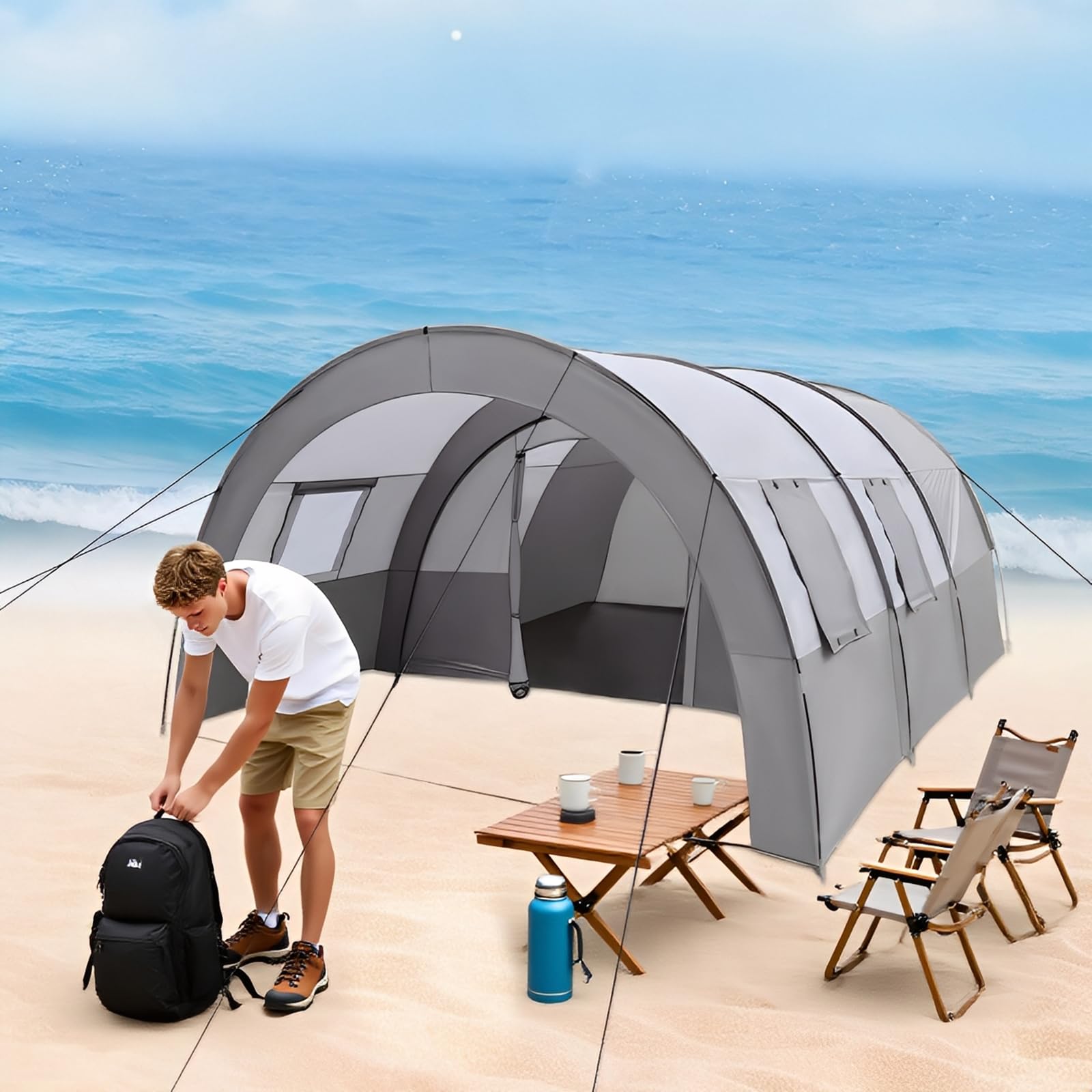 Tente tunnel spacieuse pour 6 personnes avec auvent, tapis de sol, moustiquaire et sac de transport, tente familiale étanche pour camping, festivals et voyages, 350 x 480 x 206 cm