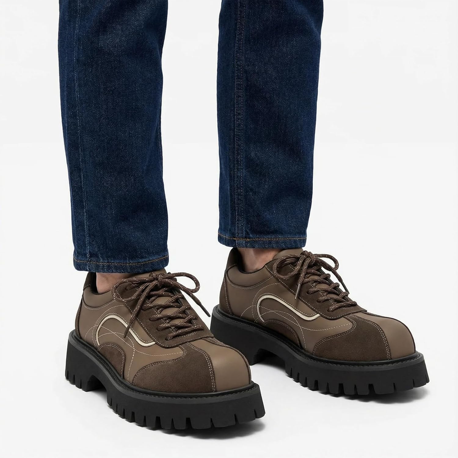 Men's Leather Patchwork Chunky Platform Fashion Oxford Shoes Retro Round Toe Lug Sole Non-Slip Lace-Up Derby Shoes for Walking, Parties, Dates.