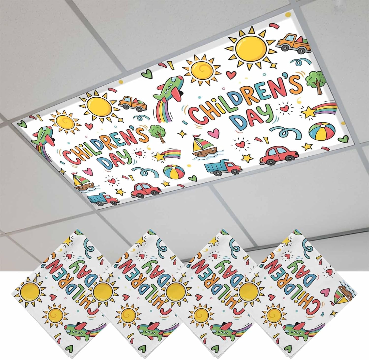 Children's Day Fluorescent Light Covers for Ceiling Lights 4x2 feet,4 Pack Magnetic Light Filters for Classroom,Car Tree Stars Modern Abstract Art Fluorescent Lamp Shade Panel for Office School Drop