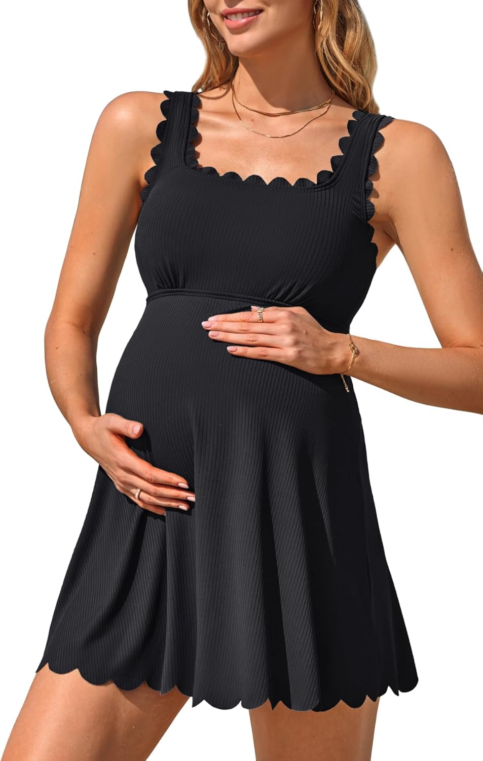 Charmo Ribbed Maternity Swimsuit One Piece Scalloped Pregnancy Bathing Suit Push Up Modest Swim Dress Swimwear 2026