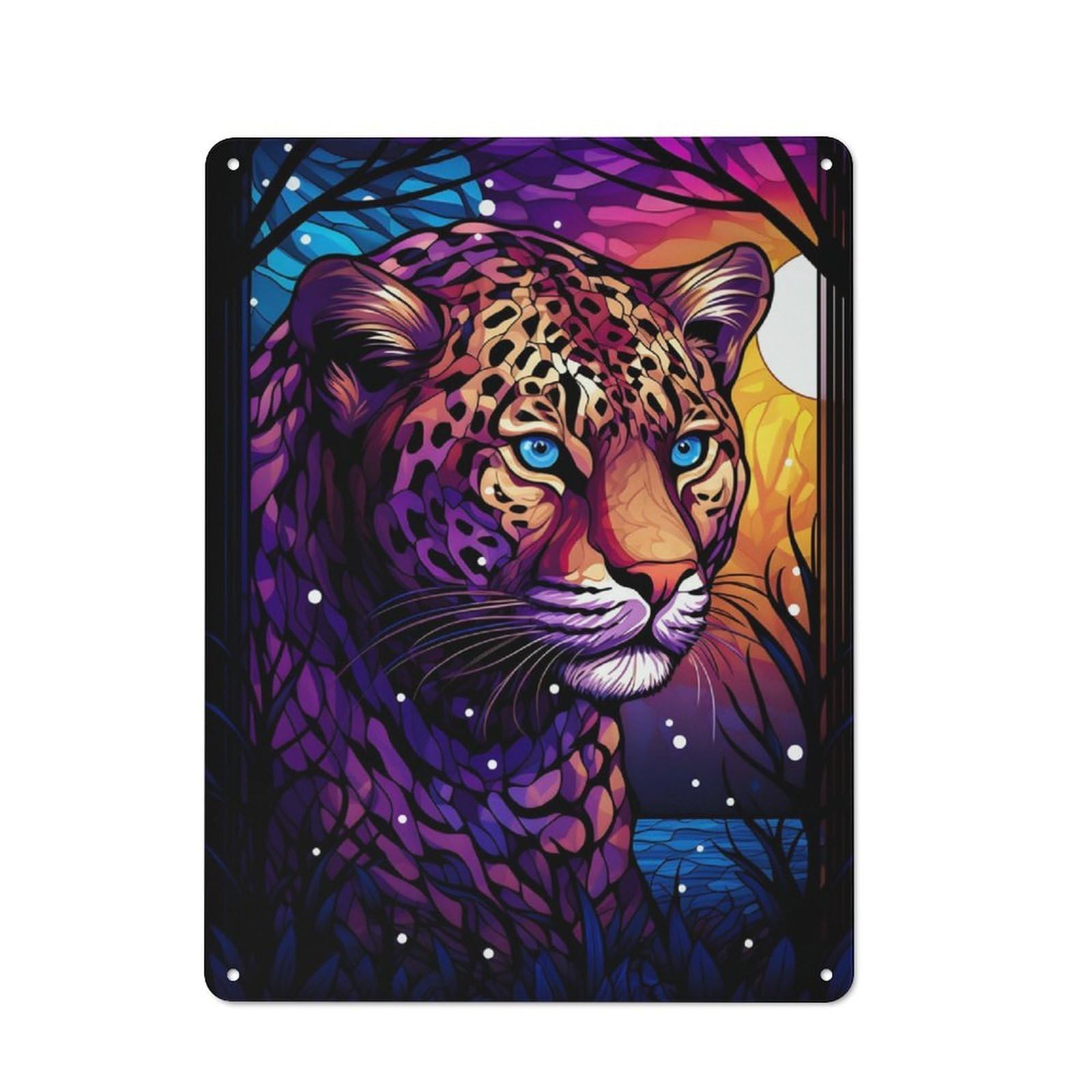 Junmoney Leopard Stained Glass Metal Wall Sign 40X30cm, Retro Decor For Hallway Wall, For Wall Display Collectors