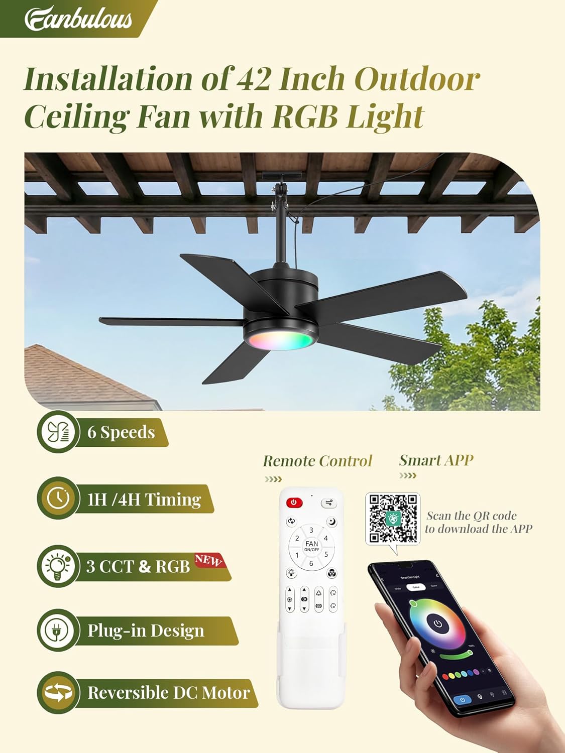 42 In Outdoor Ceiling Fan Hanging Fan Outdoor Ceiling Fans, Waterproof, with RGB Dimmable Light, Remote, 42 In, Wet Rated, IP65, 6 Speed, 3CCT, Plug in, for Patios, Porch, Gazebo, Black