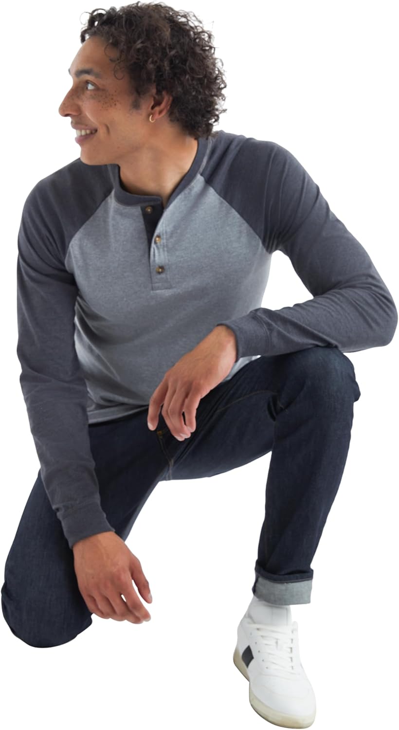 Hanes mens Beefy Long Sleeve Three-button Henley Shirt, Oxford Gray/Navy Heather, Medium US - Image 4