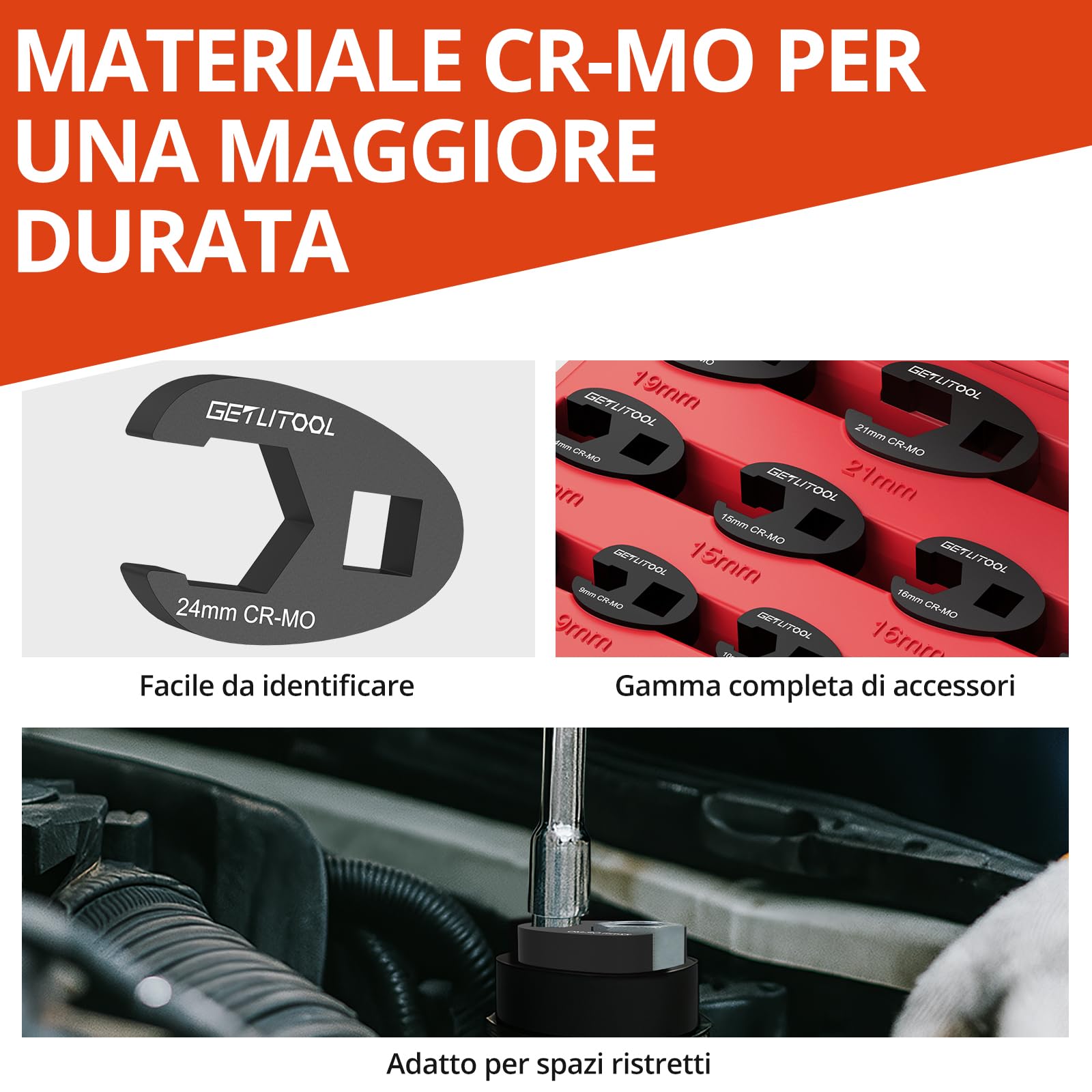 GETLITOOL Set 15PZ Chiavi a Forcella Aperta per Tubi in Cr-Mo, 12pz 3/8" (8-19mm) e 3pz 1/2" (22-24mm), Chiavi Crowfoot con Valigetta Rigida, Chiavi a Bussola Aperta per Auto Idraulica Officina DIY