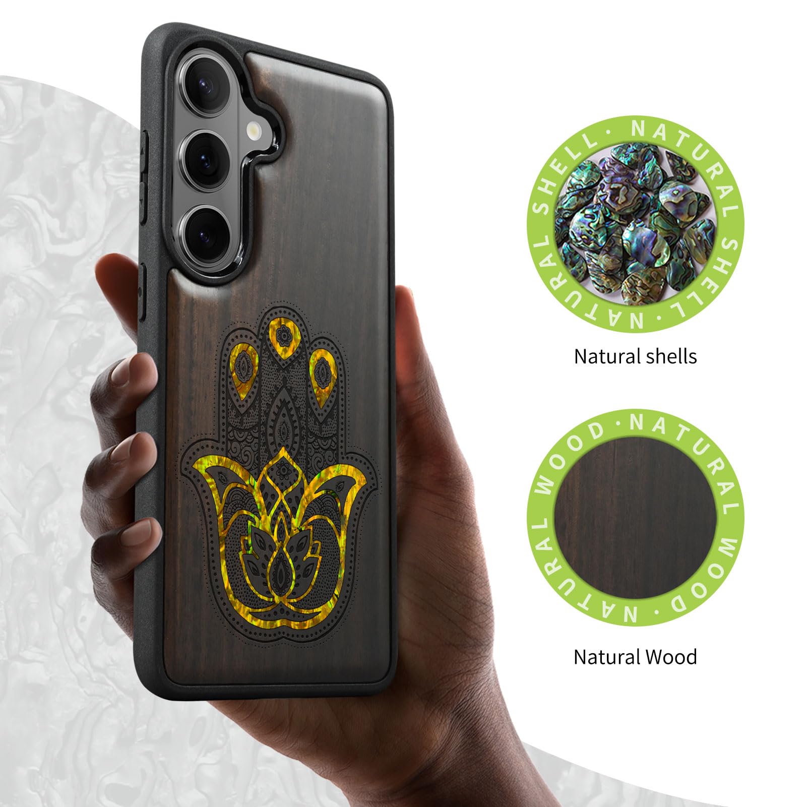 Carveit Drewniane magnetyczne etui na telefon komórkowy Samsung S26 [drewniany grawerunek i wkładka muszlay] osłona zderzaka kompatybilna z Galaxy S26 Case (wzór hamsa zdobiony ciemnym drewnem)