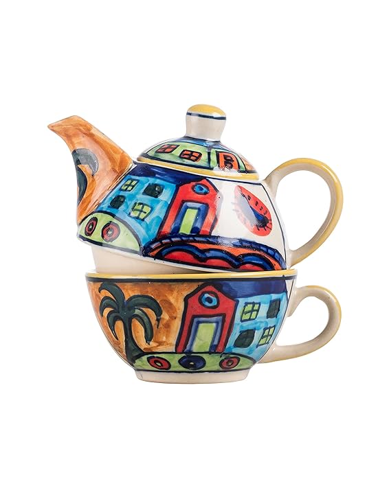 HS HINDUSTANI SAUDAGAR Ceramic Hut Hand Painted Ceramic Single Tea Pot Kettle Set 400 ml, Multicolor