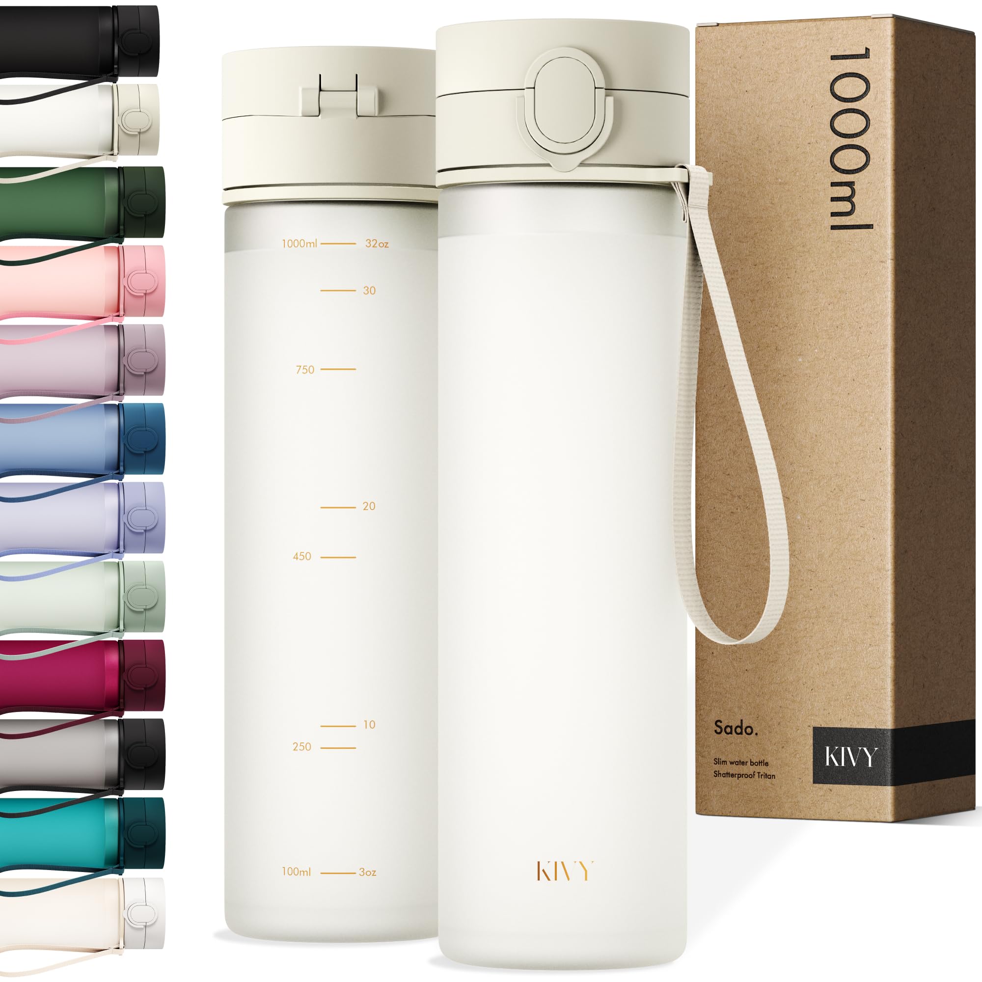 KIVY Tritan Botella de Agua 1L [IRROMPIBLE] - Water Bottle Sin BPA para Gimnasio, Gym & Deporte - Garrafa Reutilizable de Plástico Apto Lavavajillas - Cantimplora Deportiva, Oficina y Escuela - Blanco