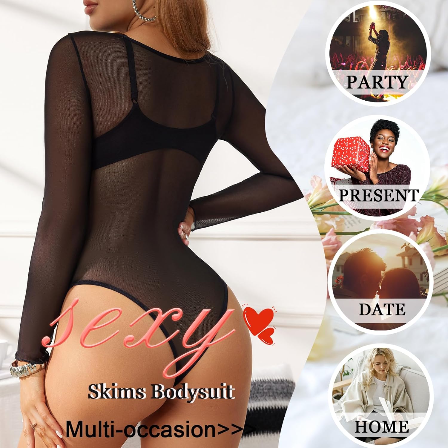 Mesh Bodysuits for Women Long Sleeve Top Crew Neck Sheer Leotard Blouse - Image 3