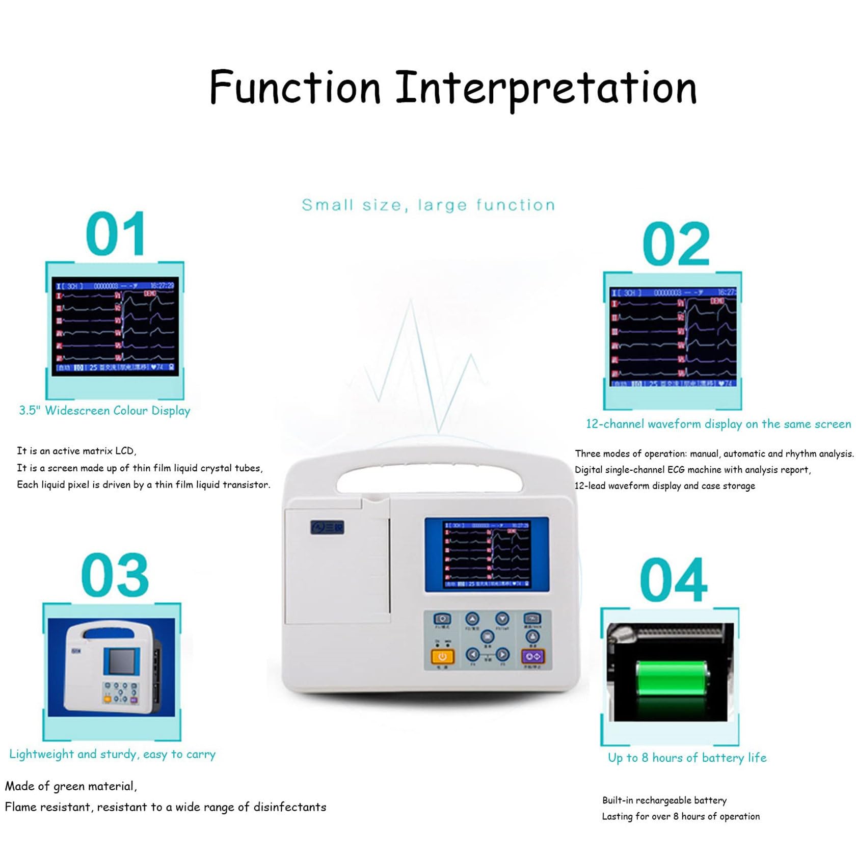 ZUMAHA EKG-Monitor, Heim-Herzgesundheitsmonitor, Tragbares, Professionelles, Digitales Farb-LCD-Elektrokardiograph, 3-Kanal-12-AbleitungsgeräT Mit Druckpapier FüR Medizinische Mundpflege