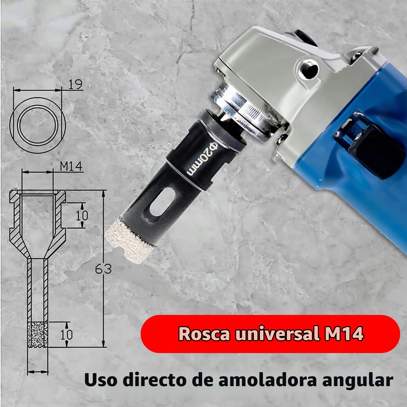 Taladro Diamante Taladro Vio Kit Brocas 8 Piezas Con Caja, 20/35/40/45/50/68 Mm Y 1 Cuchillas 1 Accesorios Broca Para Amoladora Angular M14 Set Para Vidrio Cerámica Porcelana Azulejos Mármol Granito