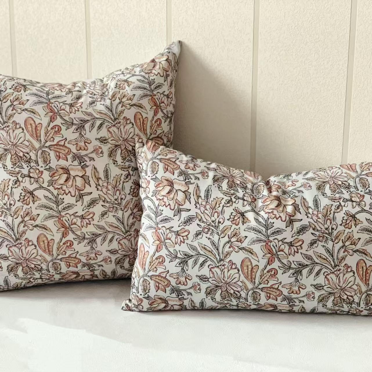 Floral Lumbar Pillow Covers 12x20 Vintage Block Print Pillow Covers Farmhouse Decorative Couch Pillows for Sofa, Living Room, Neutral Botanical Accent Cushion Cover(2, Rust Tan Mustard, 12x20)