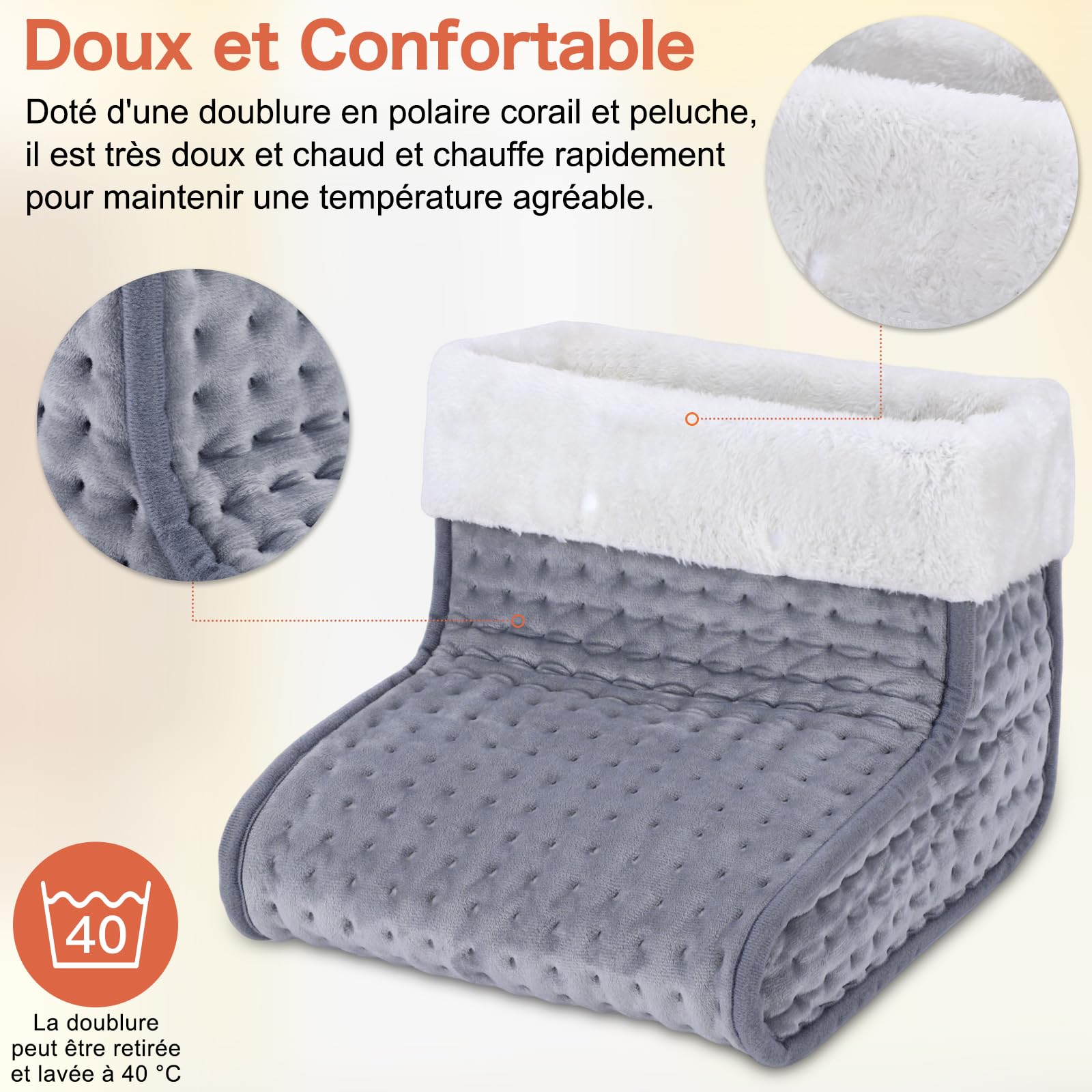 DEWEL Chauffe-pieds électrique 90 W 10 Niveaux de Température 30-60 ℃ Minuterie 45/90/120 min Doublure Amovible et Lavable Jusqu'à la Taille 44