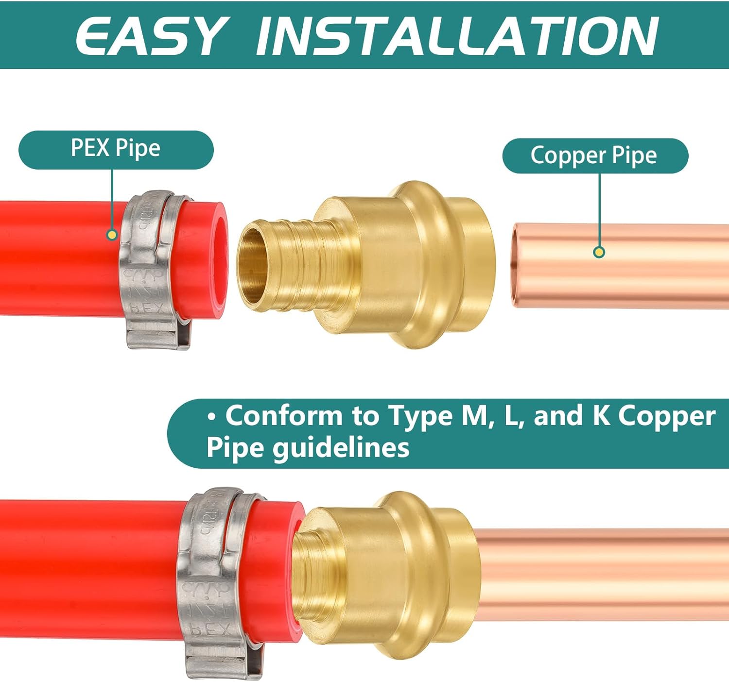 10-Pack Niikappu Brass Press Fitting Adapter, 3/4" Copper Press x 3/4" Pex Crimp Coupling Adapter for Copper and Pex Pipe Connection