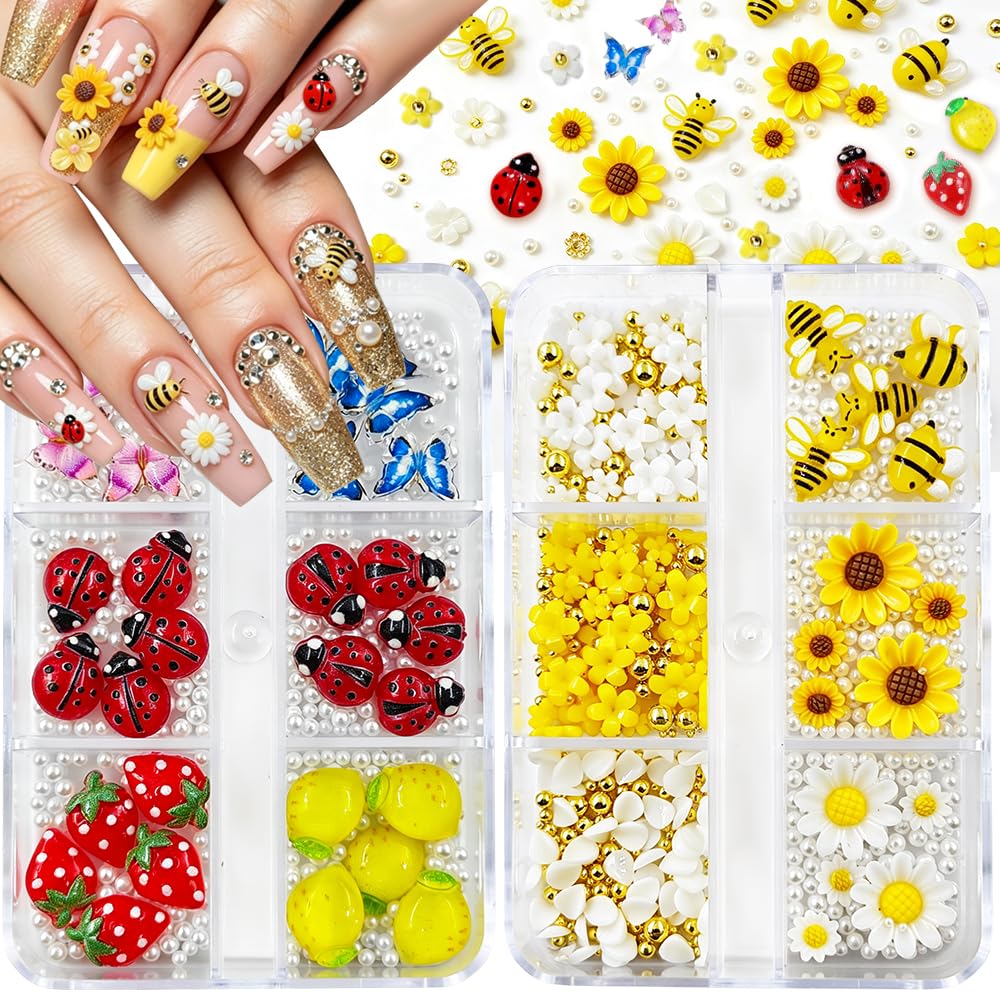 Nail Charms, 2Boxes Cute Summer Nail Charms and Gems Kit, Small Resin Ladybug Bee Sunflower Butterfly Fruit Flower Spring Summer Charms for Acrylic Nail Art Alloy Rhinestones for Women DIY Accessories