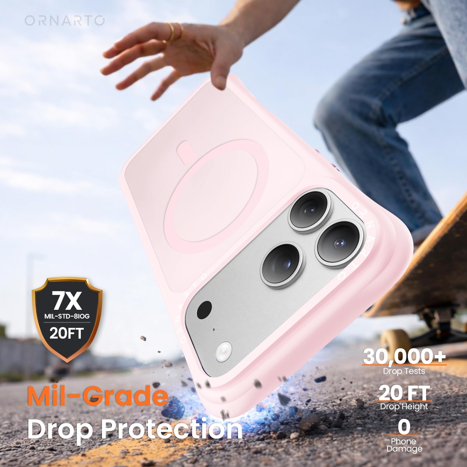 ORNARTO Magnetic for iPhone 17 Pro Max Case, 7X Military-Grade Drop Protection, Slim Shockproof Translucent Matte Phone Case for iPhone 17 Pro Max 6.9”, Chalk Pink - 5