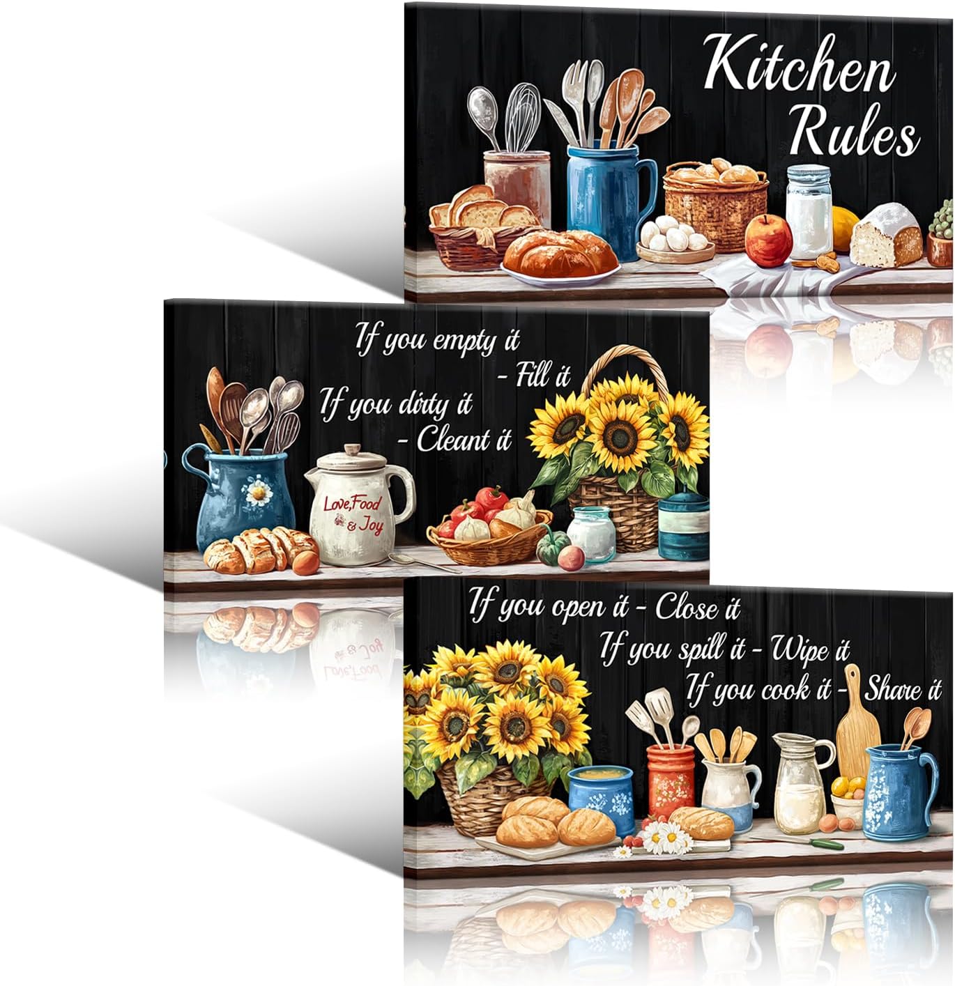 Visual Art Decor Kitchen Wall Art Sunflower Signs Farmhouse Kitchen Decor Picture Rustic Dining Room Decor Framed 6x12inchx3Pieces (Beige)