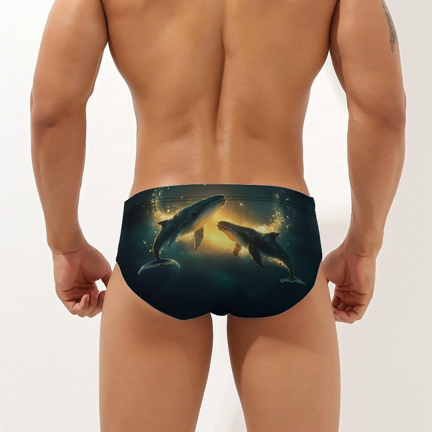 Whales Men's Swimsuit Brief Sexy Bikini Briefs Retro Printed Swimwear Quick Dry Swimming Trunks 3X-Large