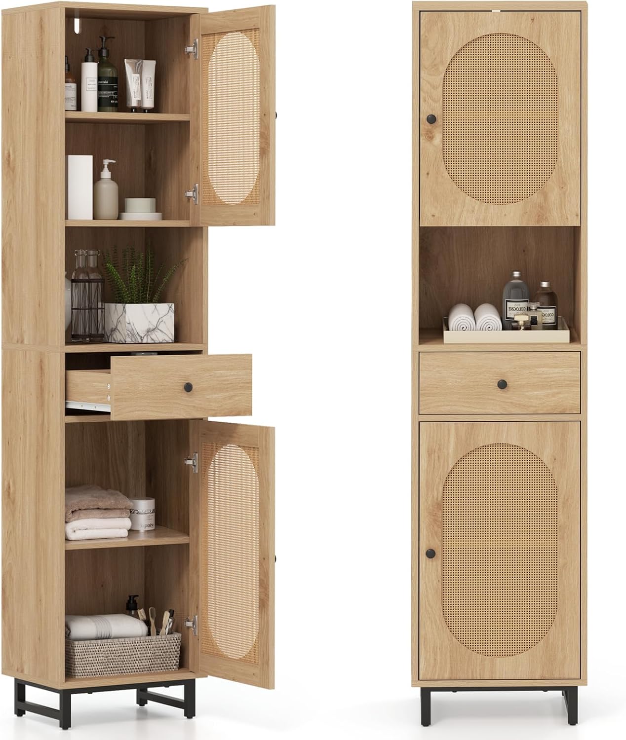 Giantex 67" Tall Bathroom Cabinet, PE Rattan Storage Cabinet with 2 Doors, Open Compartment & Drawer, Adjustable Shelves, Anti-toppling Device & Metal Legs, Floor Organizer for Living Room, Kitchen