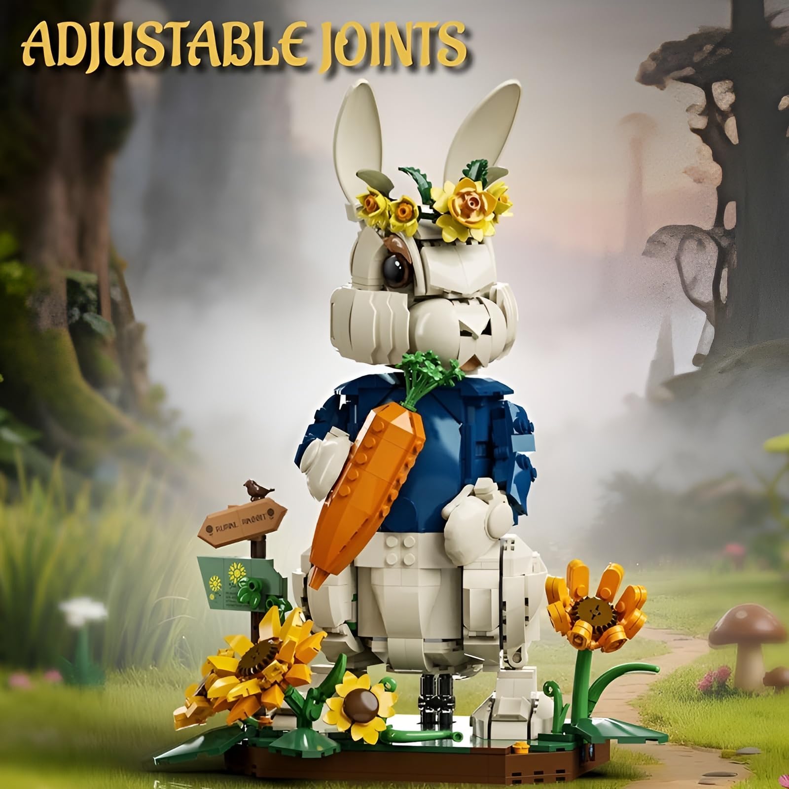 Bloques de construcción de conejos rurales, 1252 piezas de flores de Pascua, conejo, bloques de sujeción, modelo de animal móvil con base extraíble, decoración para la oficina en casa, regalo de