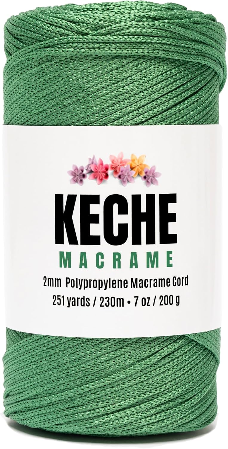 2mm Macrame Cord, Crochet Bag Cord, 251 Yards, Polypropylene Macrame Rope for Plant Hangers and Wall Hangings, Strong Durable Easy to Knot - Green