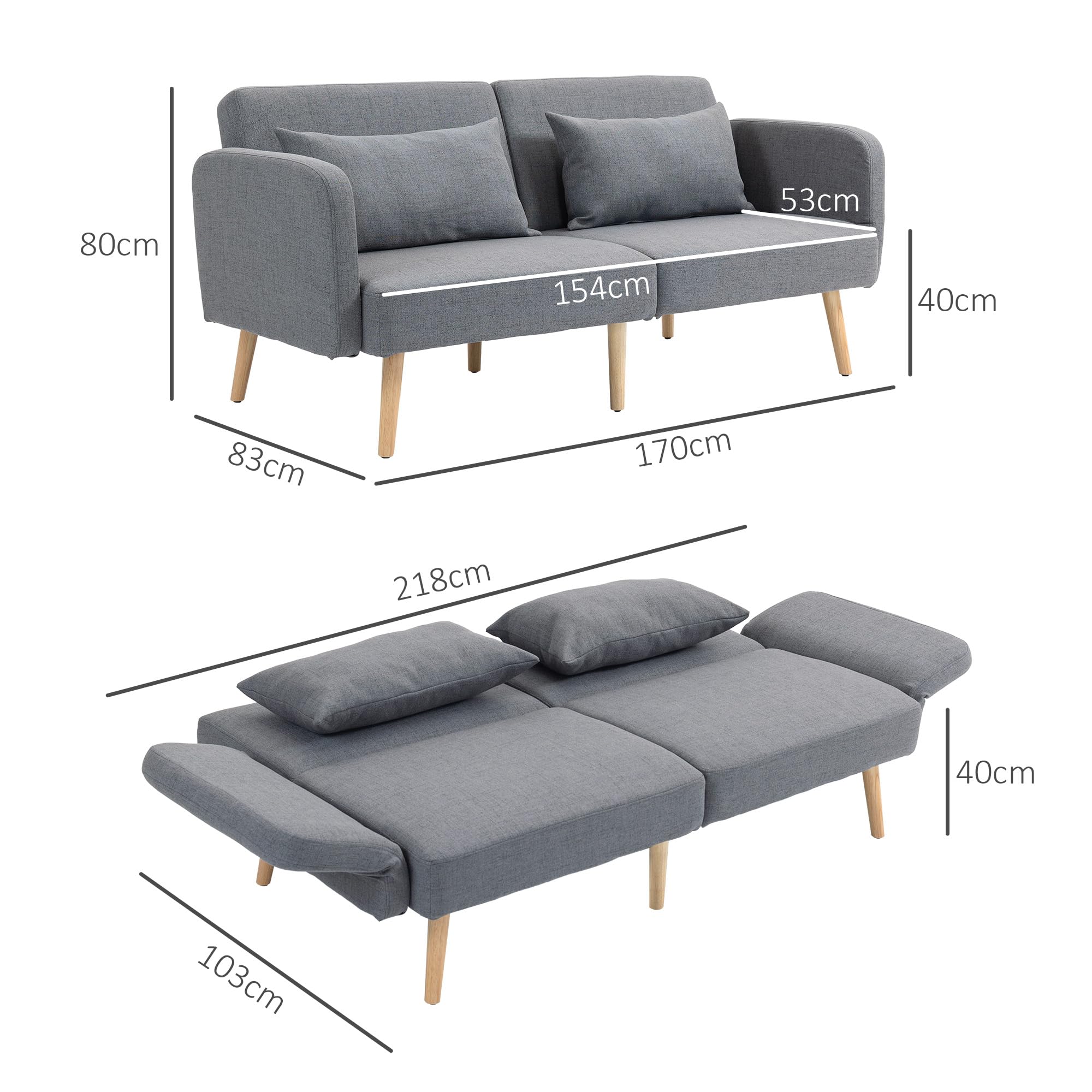 HOMCOM Canapé Convertible 3 Places Canapé-Lit 2 Places Clic Clac Gris | Dossier Inclinable, Accoudoirs Réglables, Tissu Effet Lin, Pieds en Bois Massif, 2 Coussins Lavables
