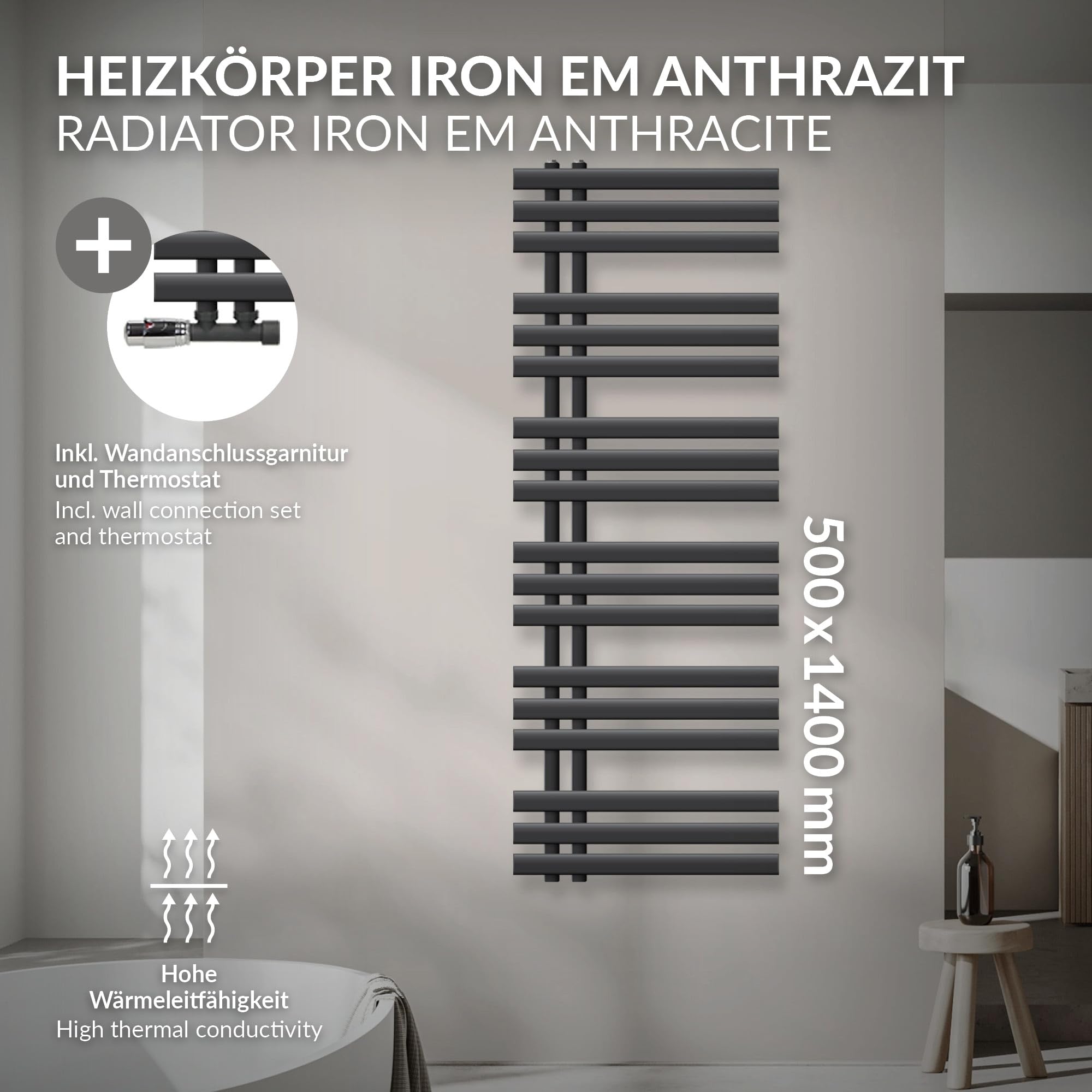Radiatore Scaldasalviette LuxeBath Sahara - Acciaio Antracite, 400x1200 Mm, Attacco Centrale, Moderno