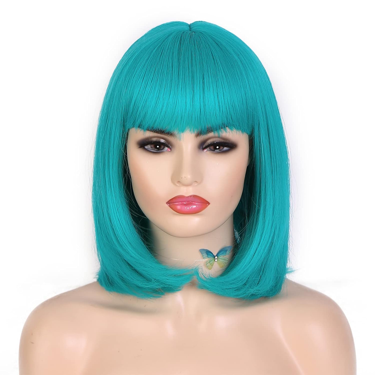 Lady Miranda Teal Wig Short Bob Wig with Bangs for Women Heat Resistant Synthetic Turquoise Wig 12 Inch Bluish Green Bob Wig Natural Straight Hair for Daily or Cosplay Use
