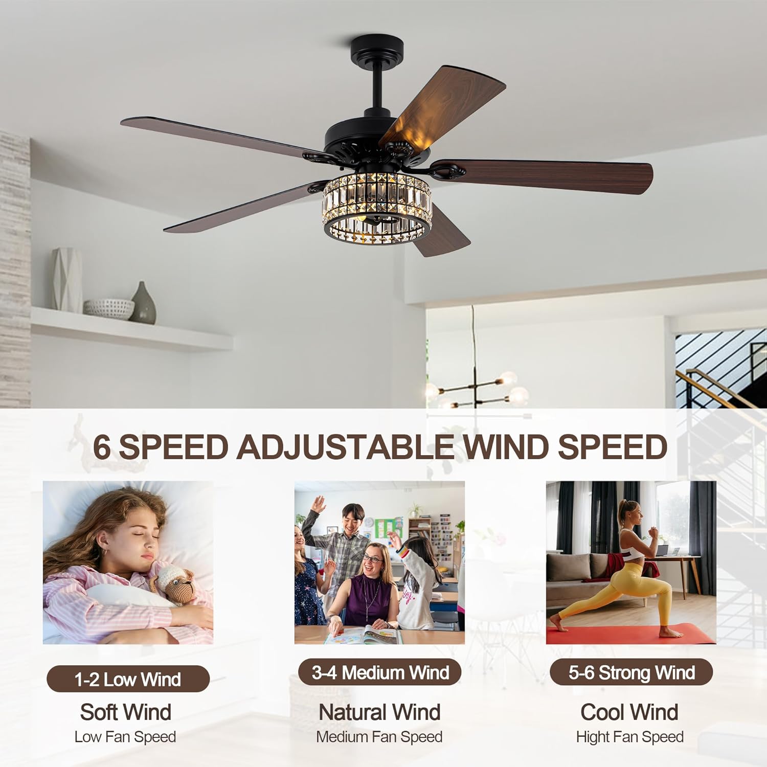 60 Inch Farmhouse Ceiling Fan with Lights and Remote, Black Chandelier Ceiling Fan with Reversible DC Motor 6 Speeds, Crystal Fandelier Ceiling Fans for Living Room Dining Room Bedroom